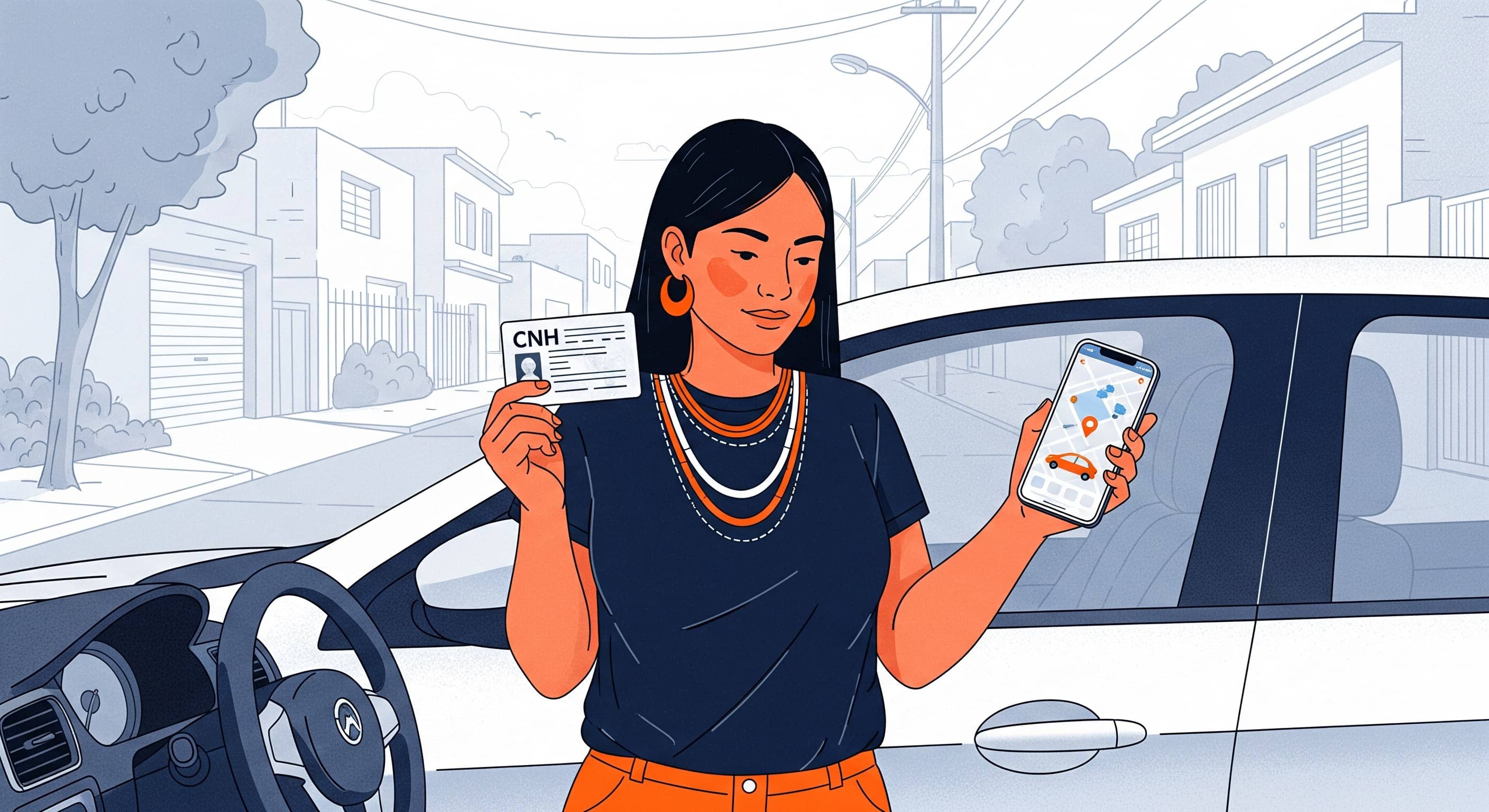Motorista segura CNH e celular com mapa ao lado do carro parado na rua