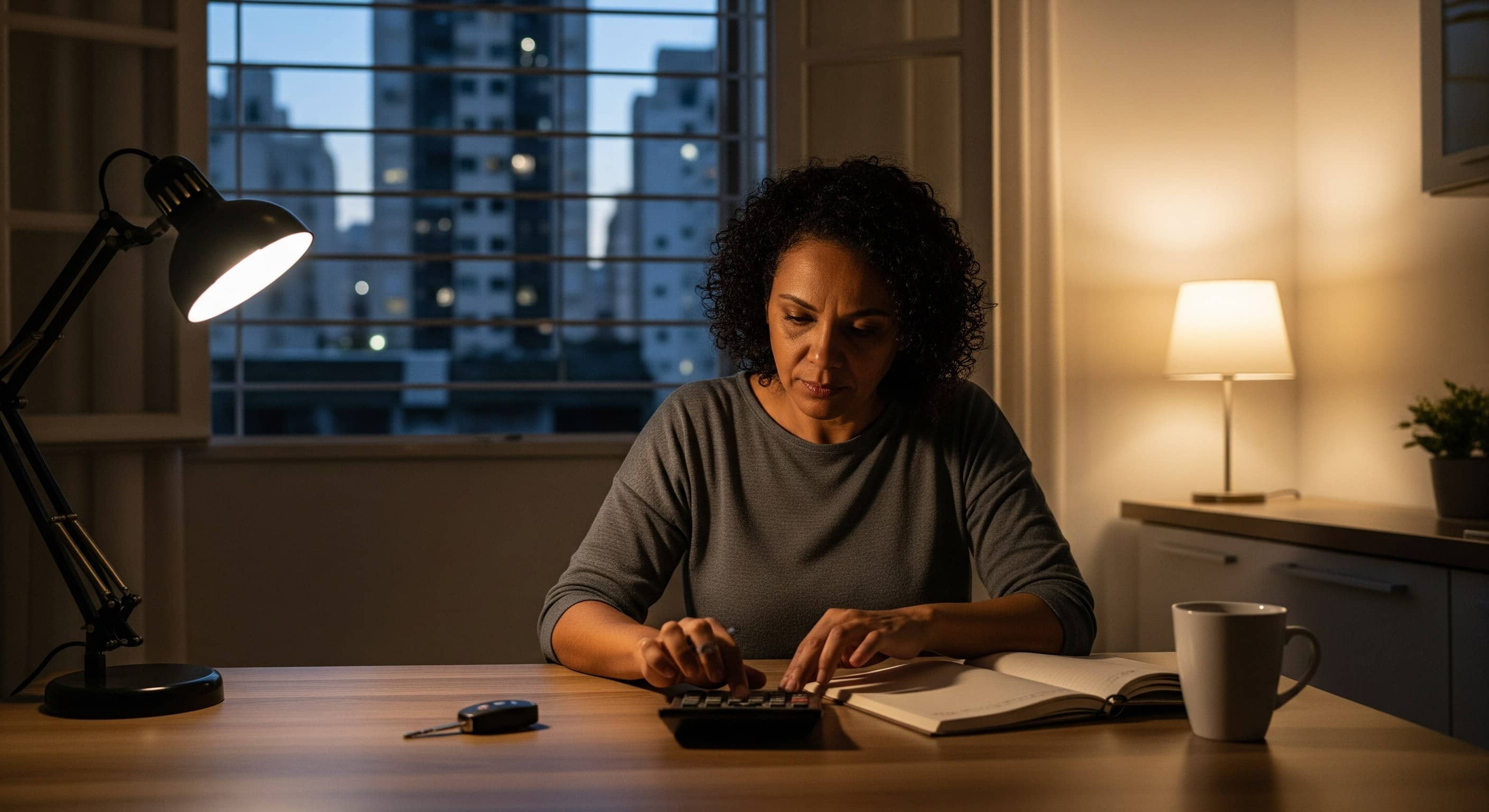 Mulher fazendo contas numa calculadora à mesa de casa à noite, com chave de carro ao lado