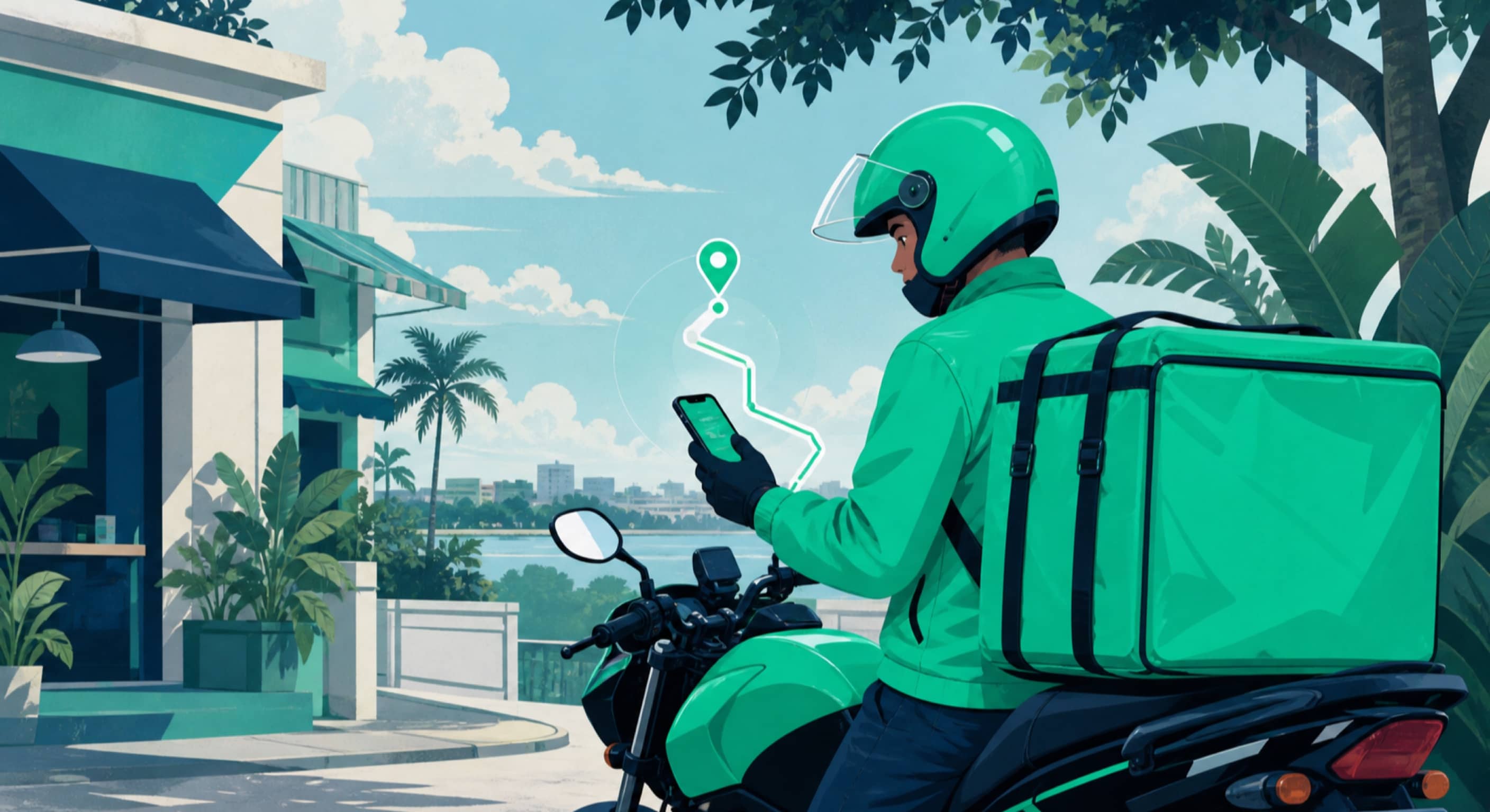 Ilustração de entregador de moto em verde conferindo uma rota em cidade tropical