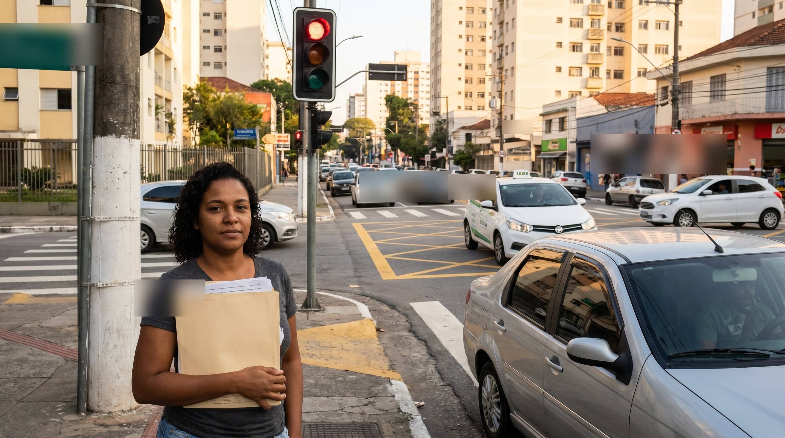 Mulher segura envelope com documentos em esquina movimentada, com carros e semáforo ao fundo.
