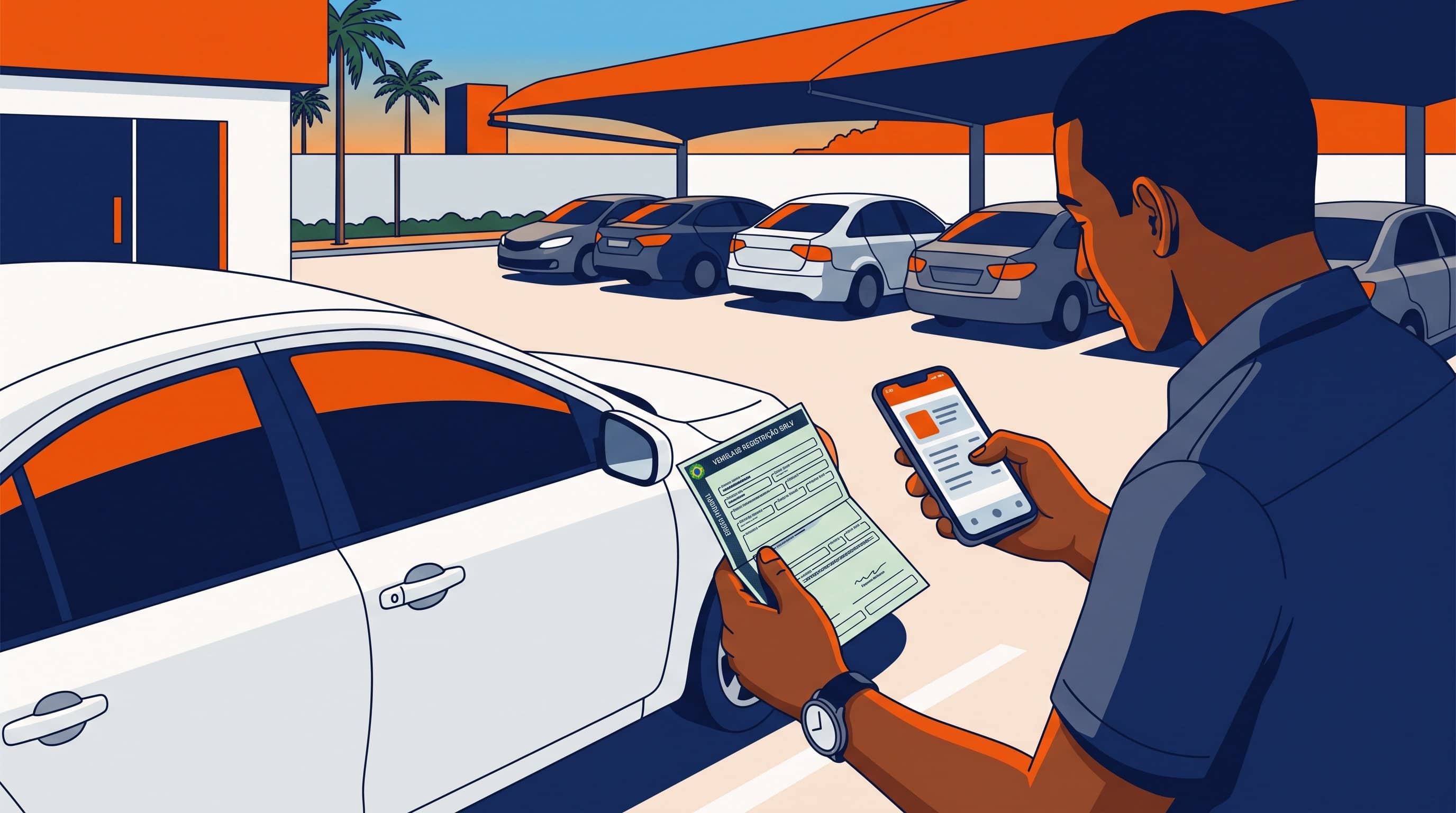 Motorista confere documento do carro e celular ao lado de sedã branco em pátio de revenda