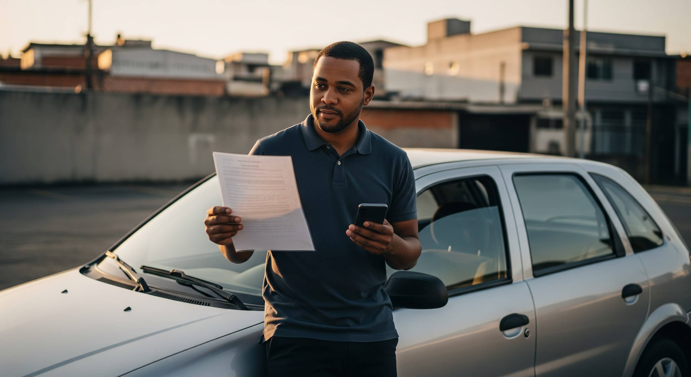 Motorista com documento e celular ao lado de carro prata em estacionamento.