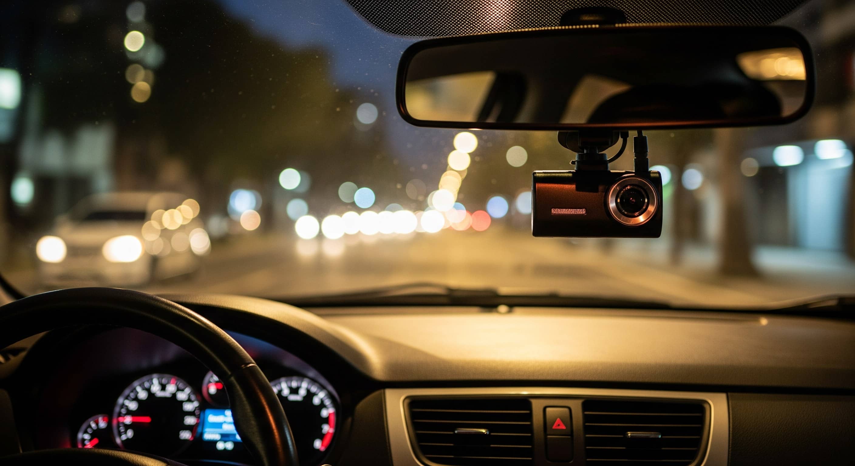 Câmera veicular instalada junto ao retrovisor de carro à noite, com avenida iluminada ao fundo