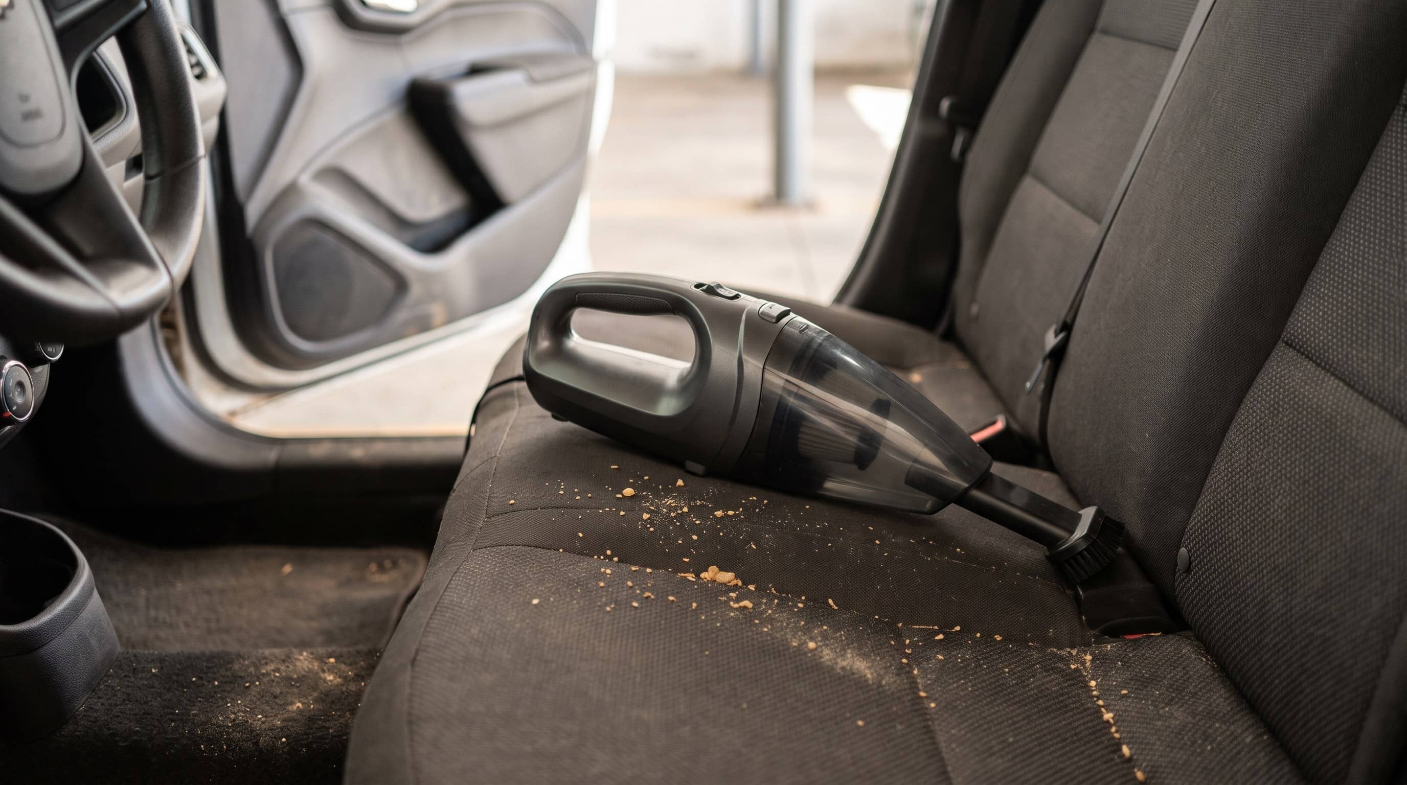 Aspirador portátil preto sobre banco de tecido com farelos e porta do carro aberta
