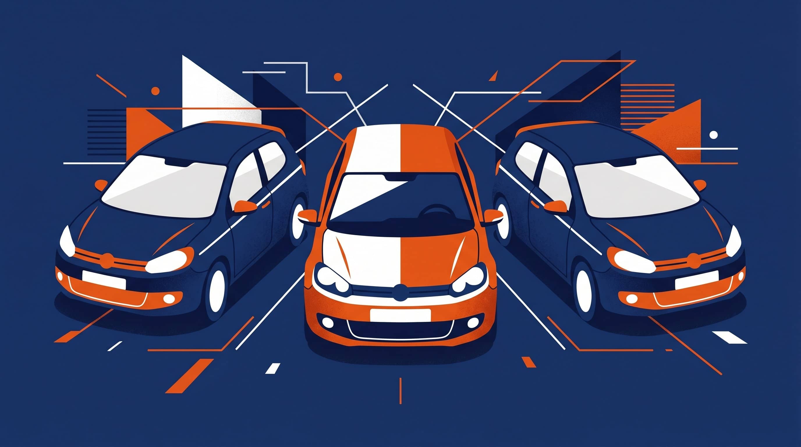 Três carros hatch compactos lado a lado em ilustração editorial azul e laranja