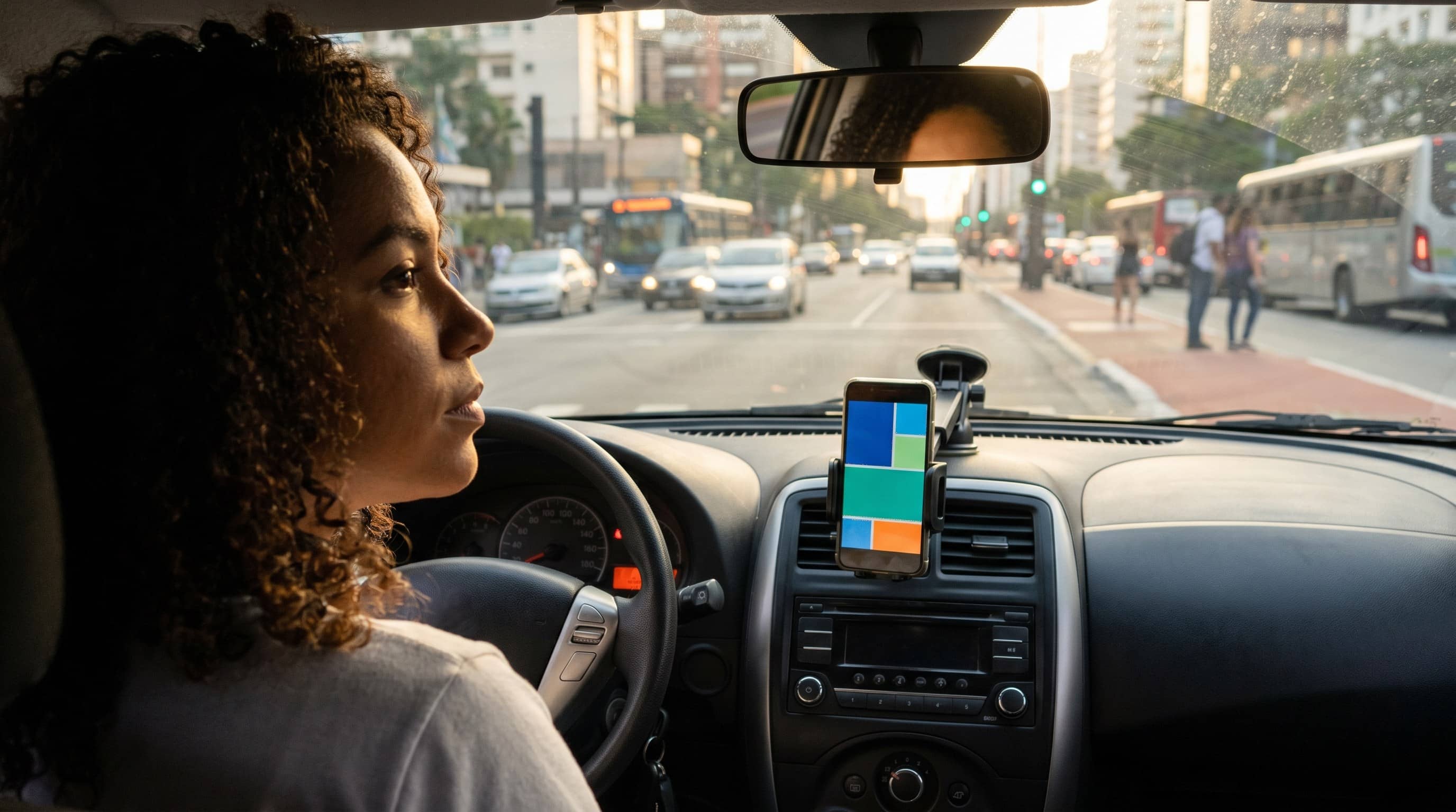 Motorista ao volante observa o trânsito urbano com celular no suporte do painel