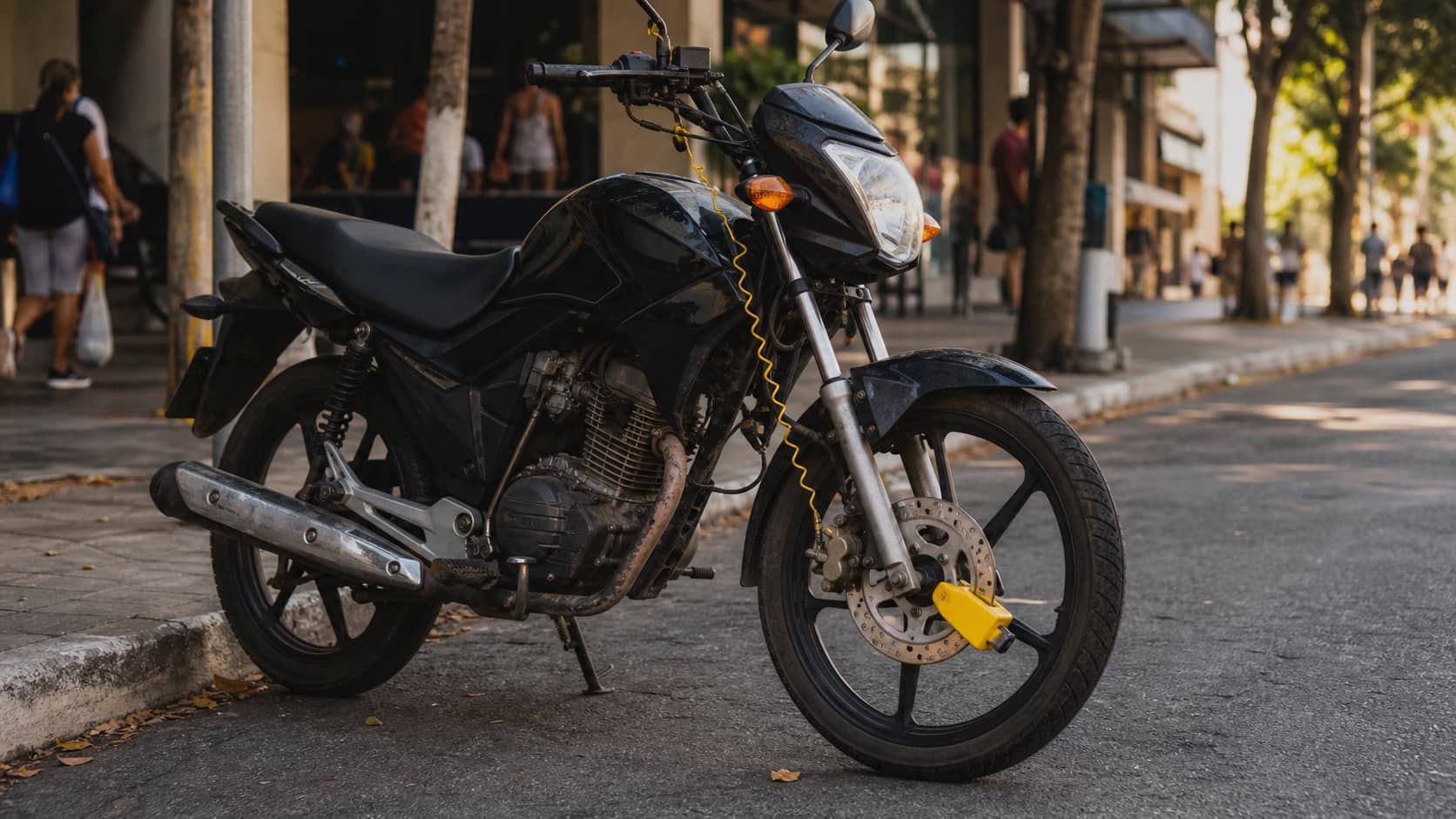 Trava de disco amarela instalada na roda dianteira de moto estacionada em rua movimentada