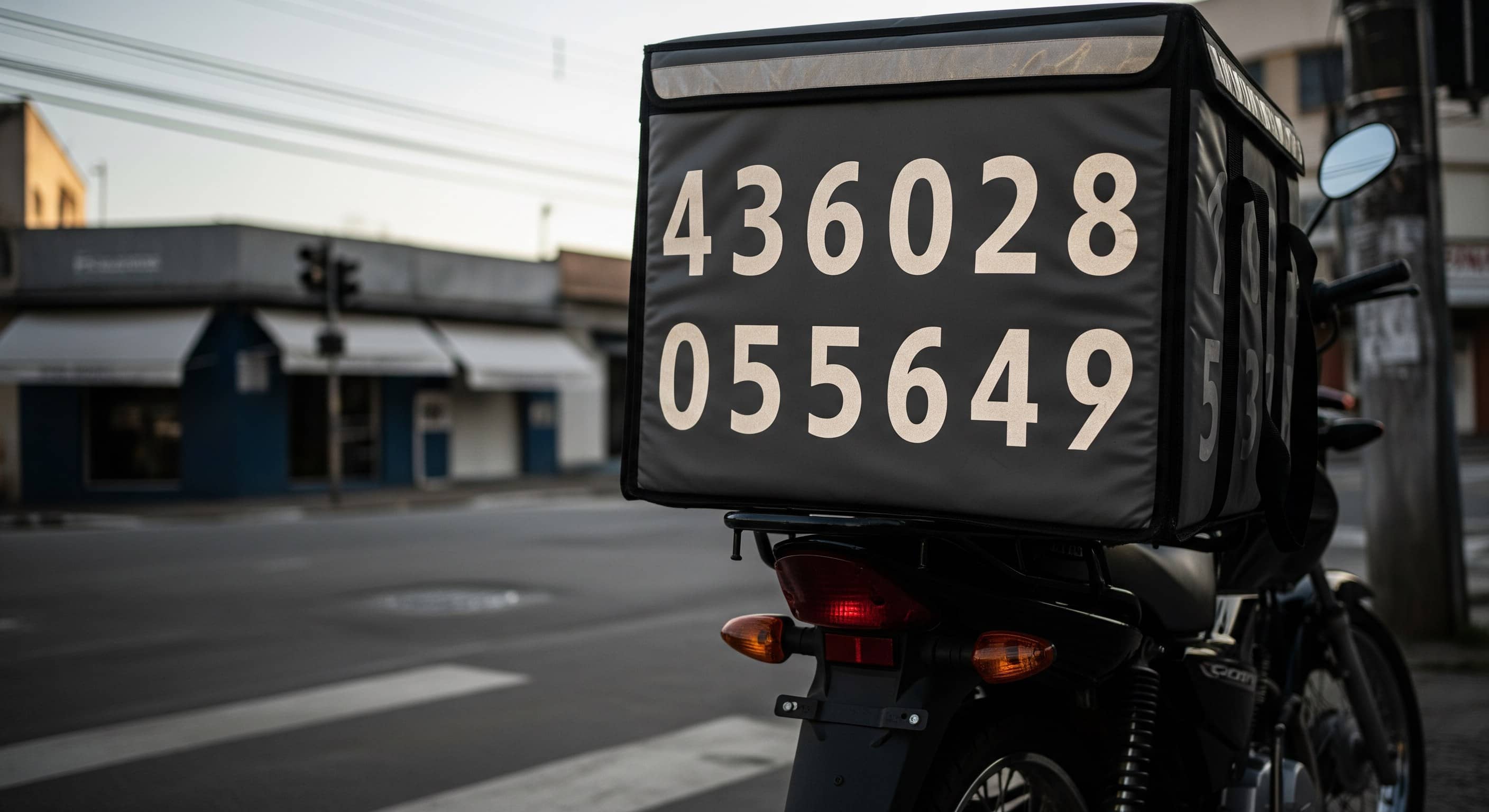 Baú de entrega com números refletivos grandes na traseira, preso na garupa de moto em rua brasileira