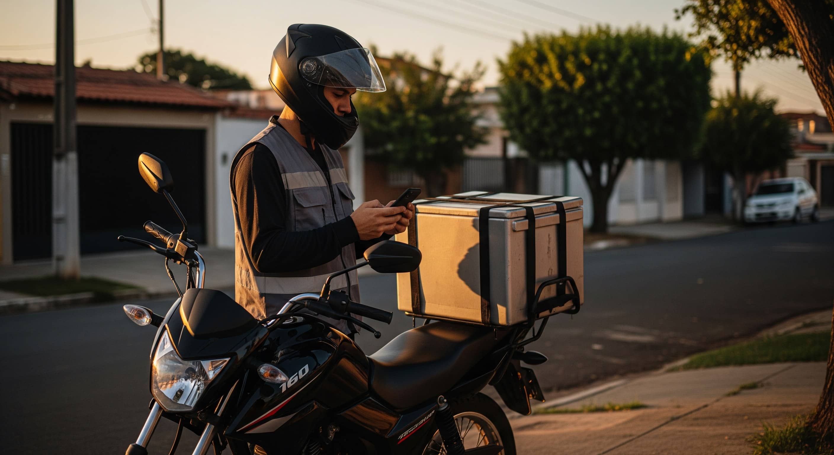 Motoboy com colete refletivo conferindo o celular ao lado da moto com baú de entrega instalado