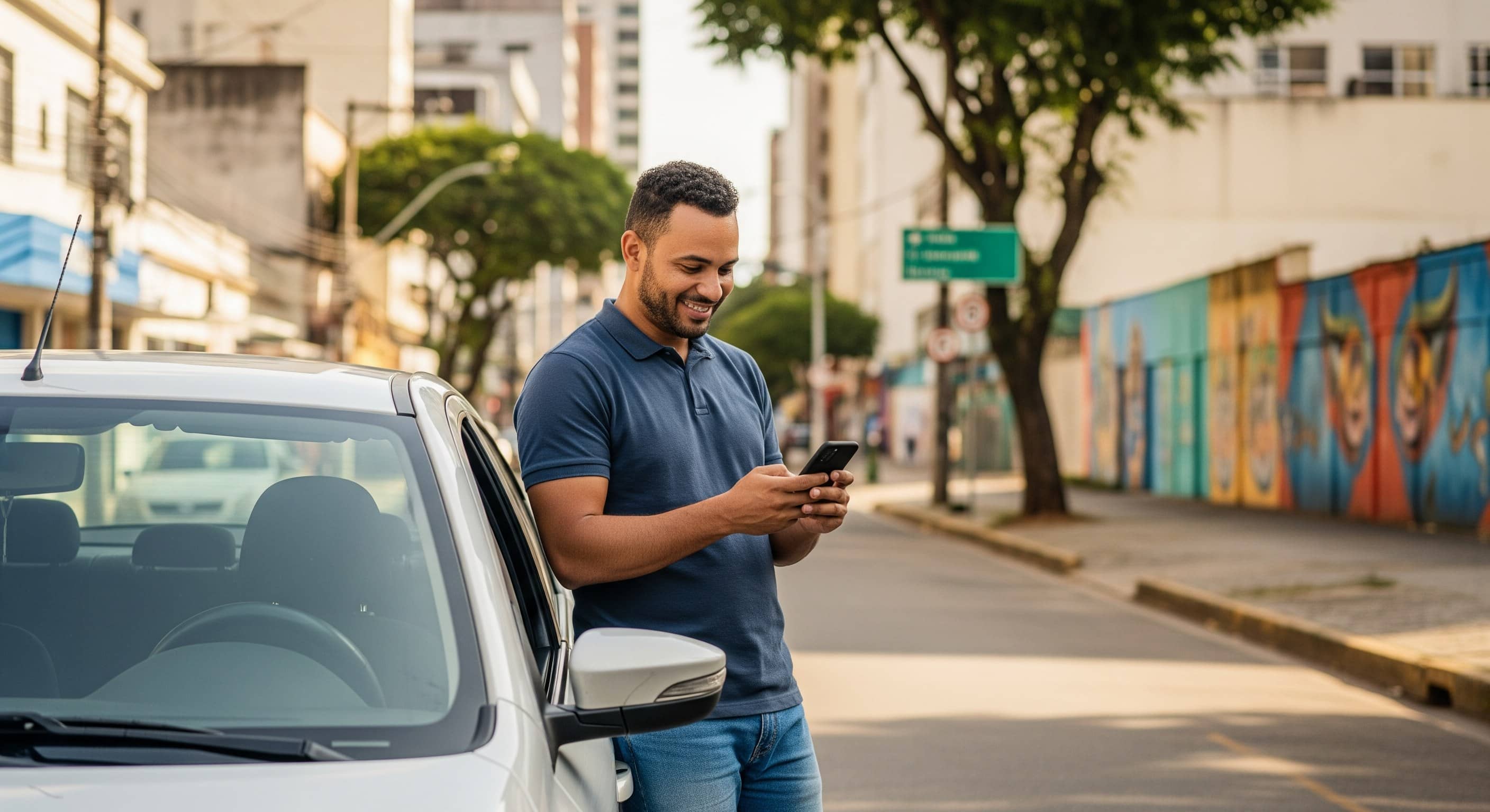 Motorista de pé ao lado de carro branco confere o celular em rua arborizada de Belo Horizonte