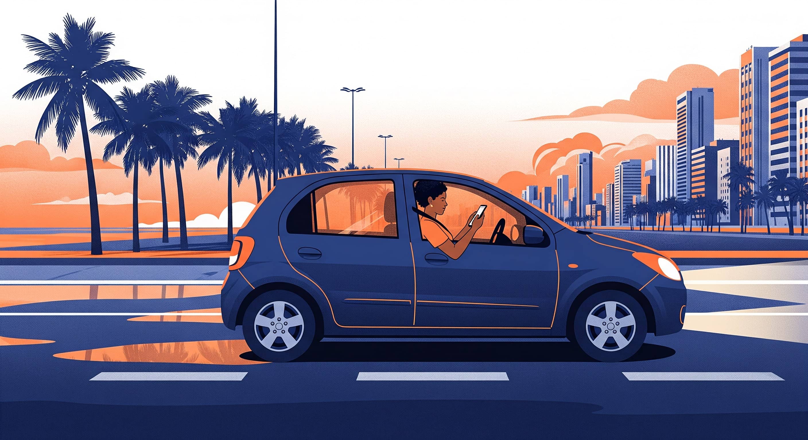 Motorista em carro compacto na orla de Fortaleza ao pôr do sol, com coqueiros e arranha-céus ao fundo.