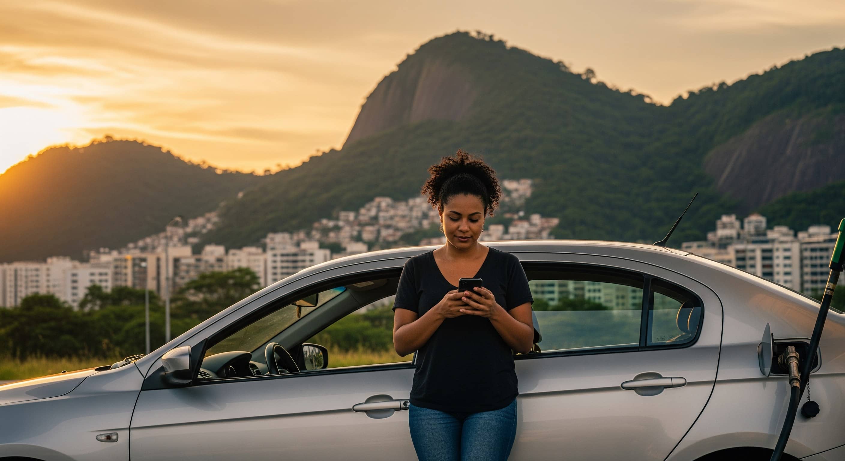 Motorista de aplicativo ao lado de sedã prata abastecendo em posto, com morros do Rio ao entardecer.