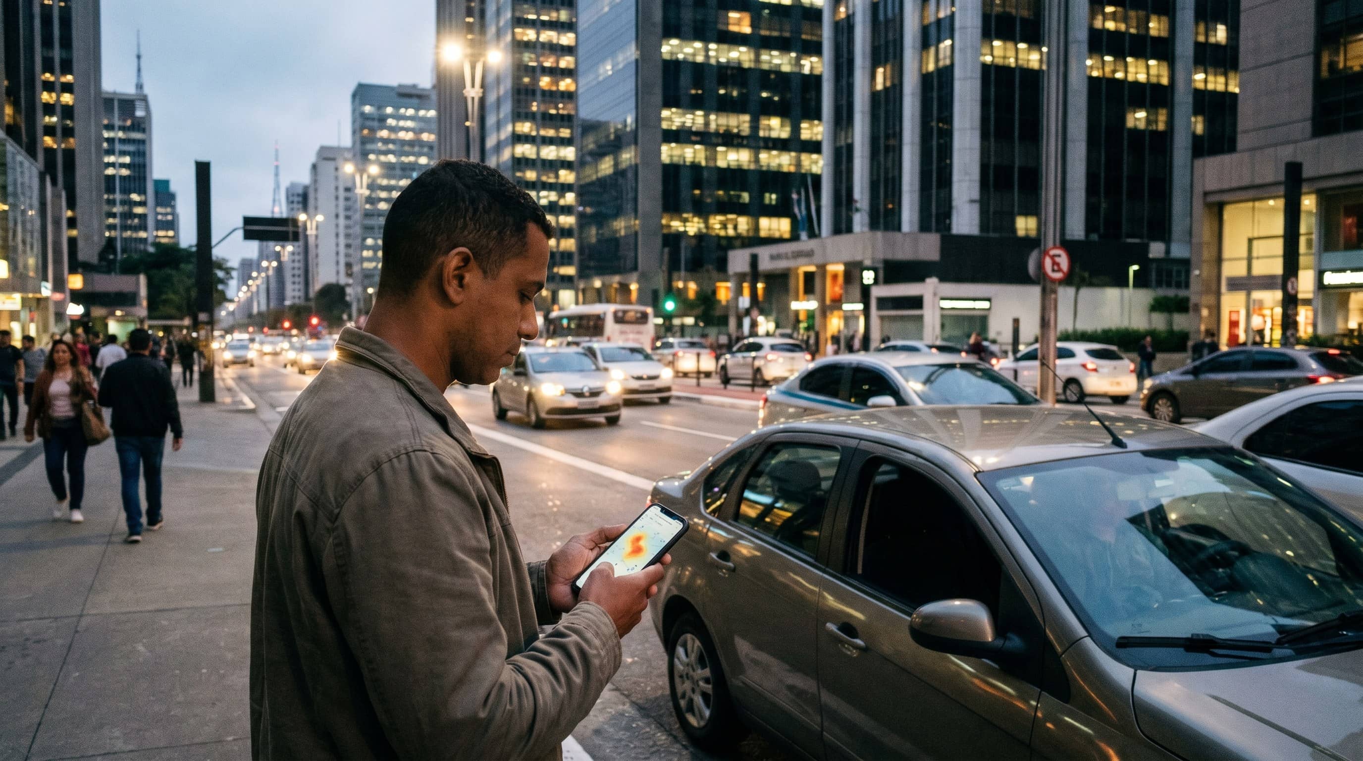 Motorista consulta o mapa de demanda ao lado do carro em avenida de São Paulo