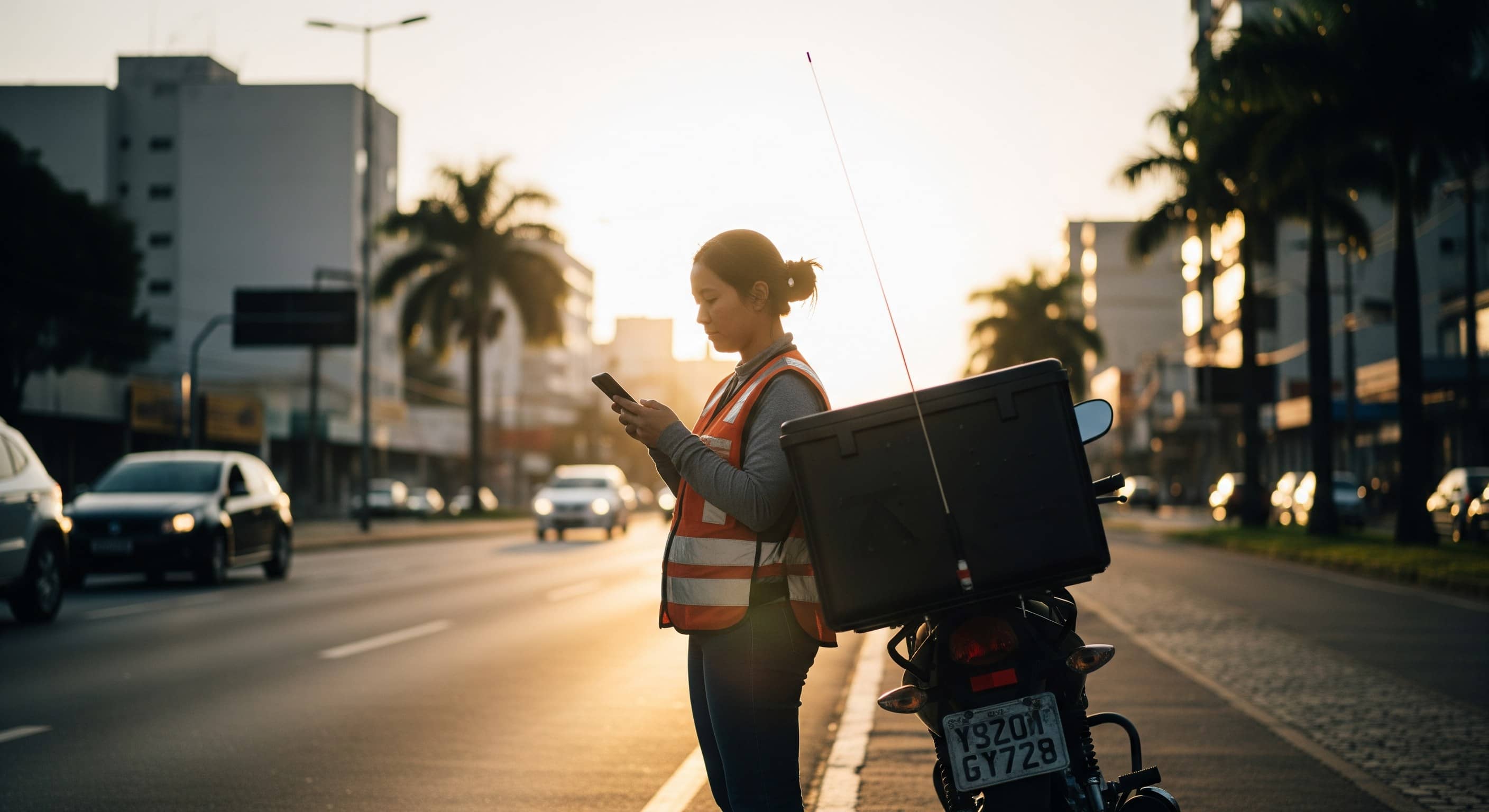 Entregadora de colete refletivo laranja ao lado da moto com baú e antena corta-pipa em avenida urbana.