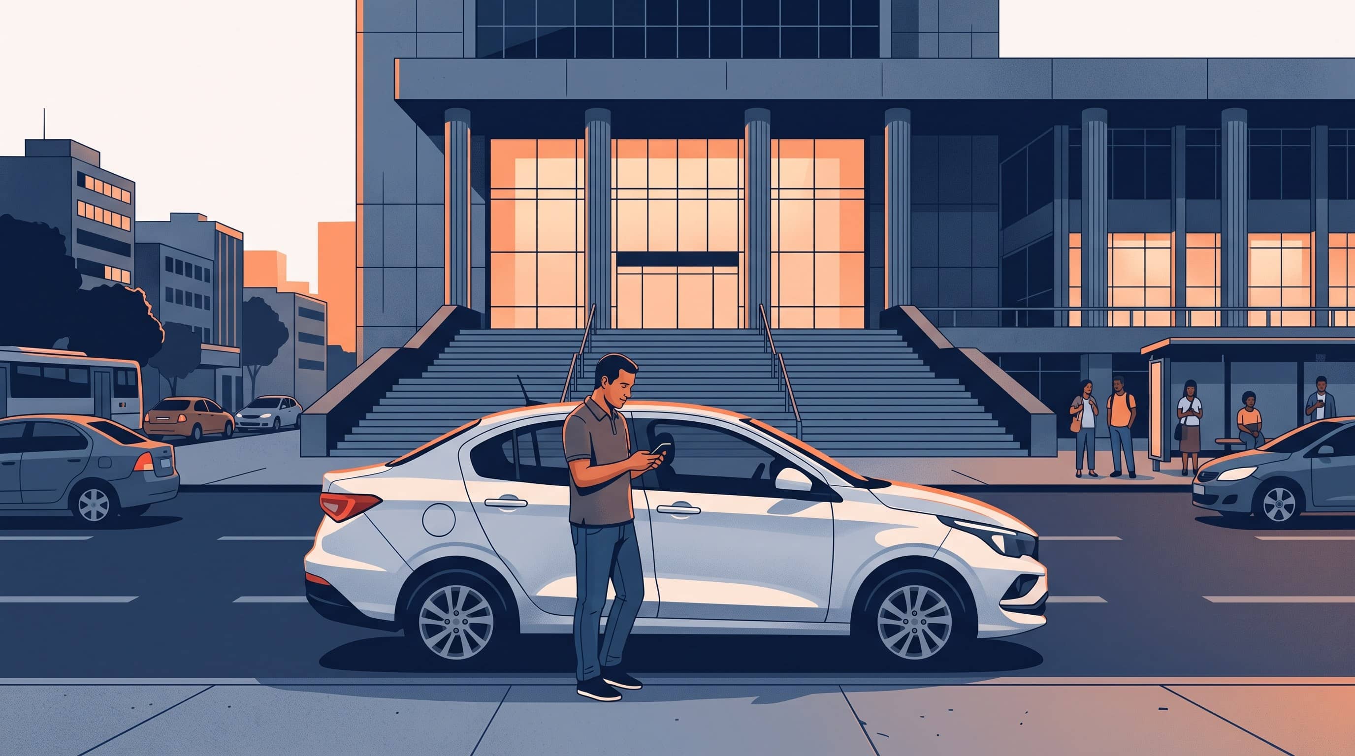 Motorista de aplicativo em pé ao lado do carro branco olha o celular diante de um prédio público