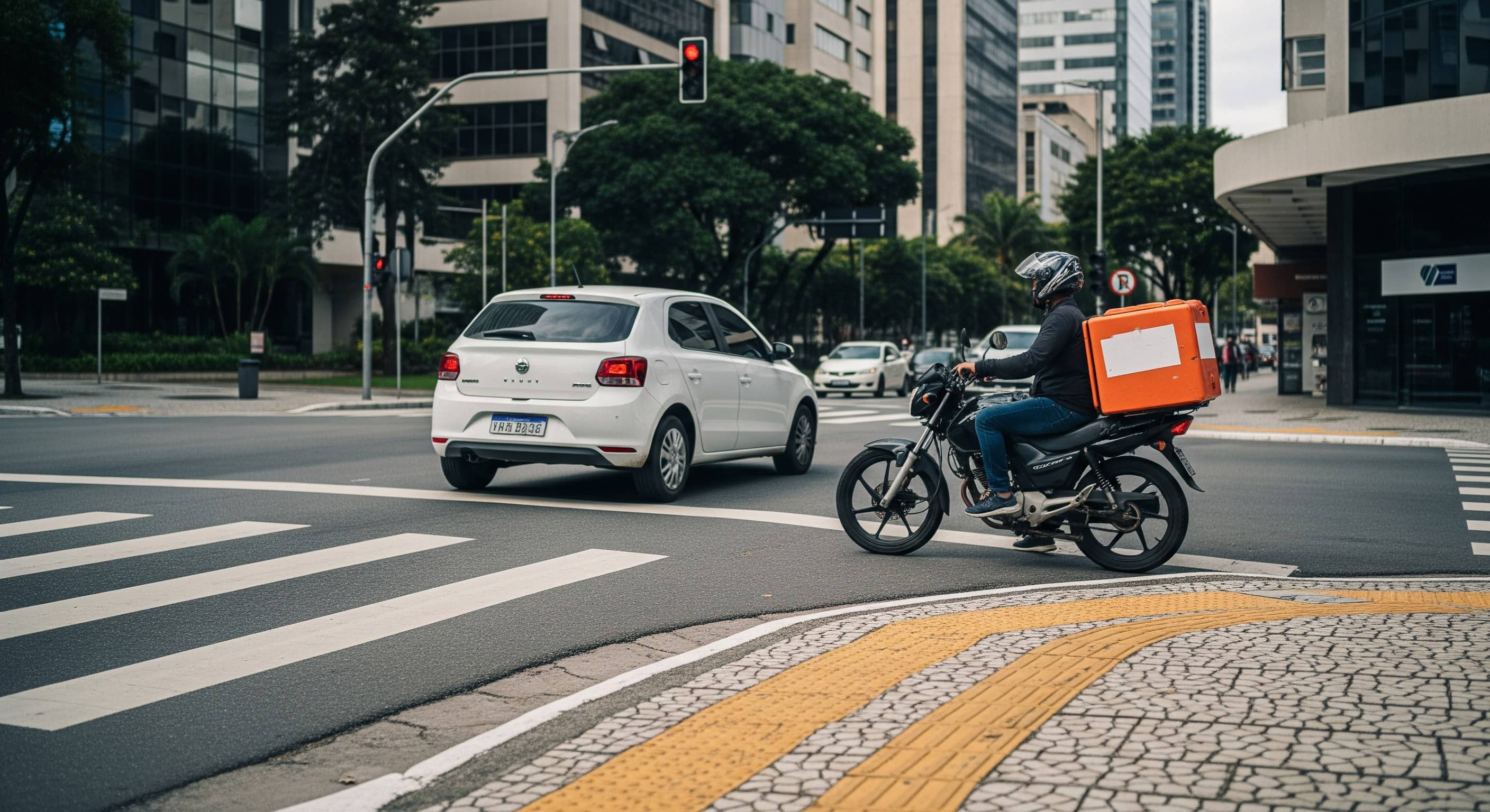 Carro branco parado no semáforo e motociclista com baú de entrega laranja numa avenida movimentada