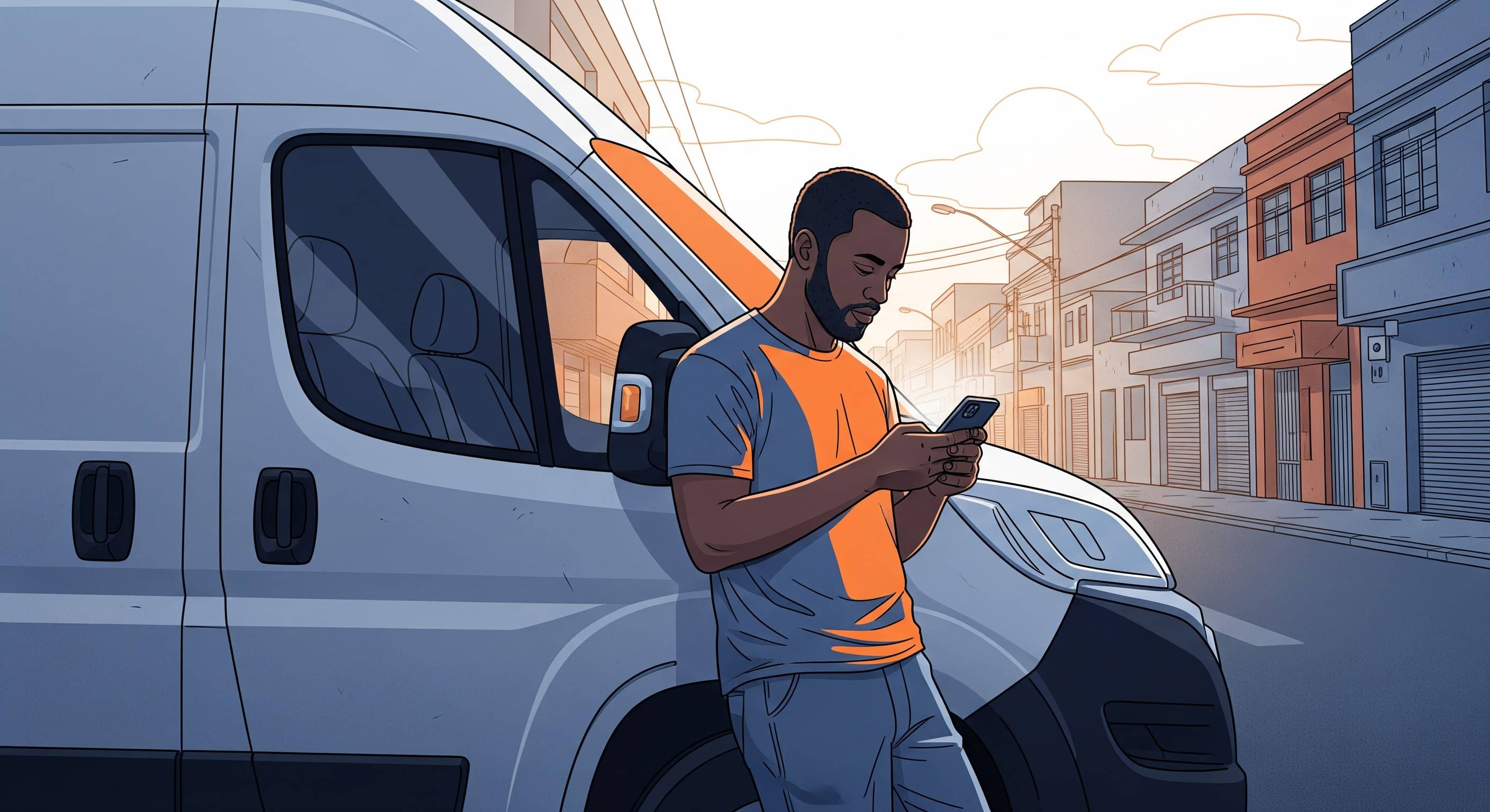 Entregador parado ao lado de uma van encostada, olhando o celular numa rua de bairro comercial