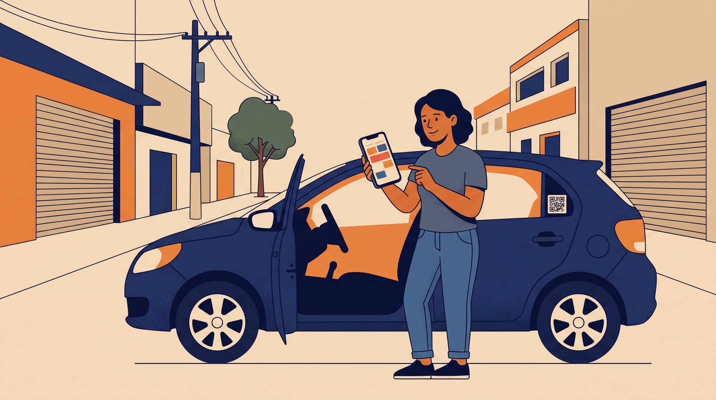 Motorista em pé ao lado do carro conferindo o celular, com adesivo de QR Code no vidro