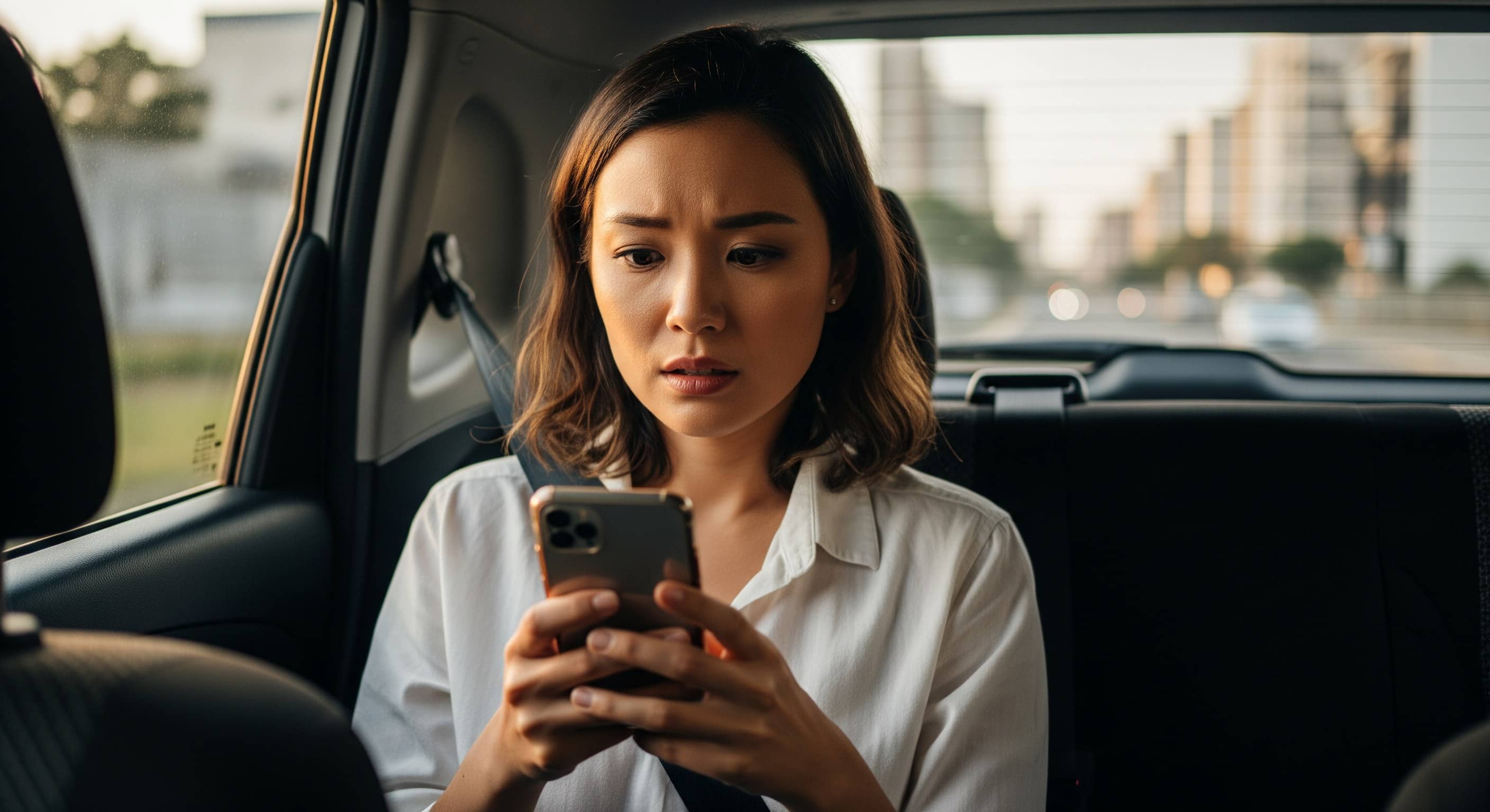 Passageira no banco de trás de um carro olha o celular com expressão preocupada ao entardecer