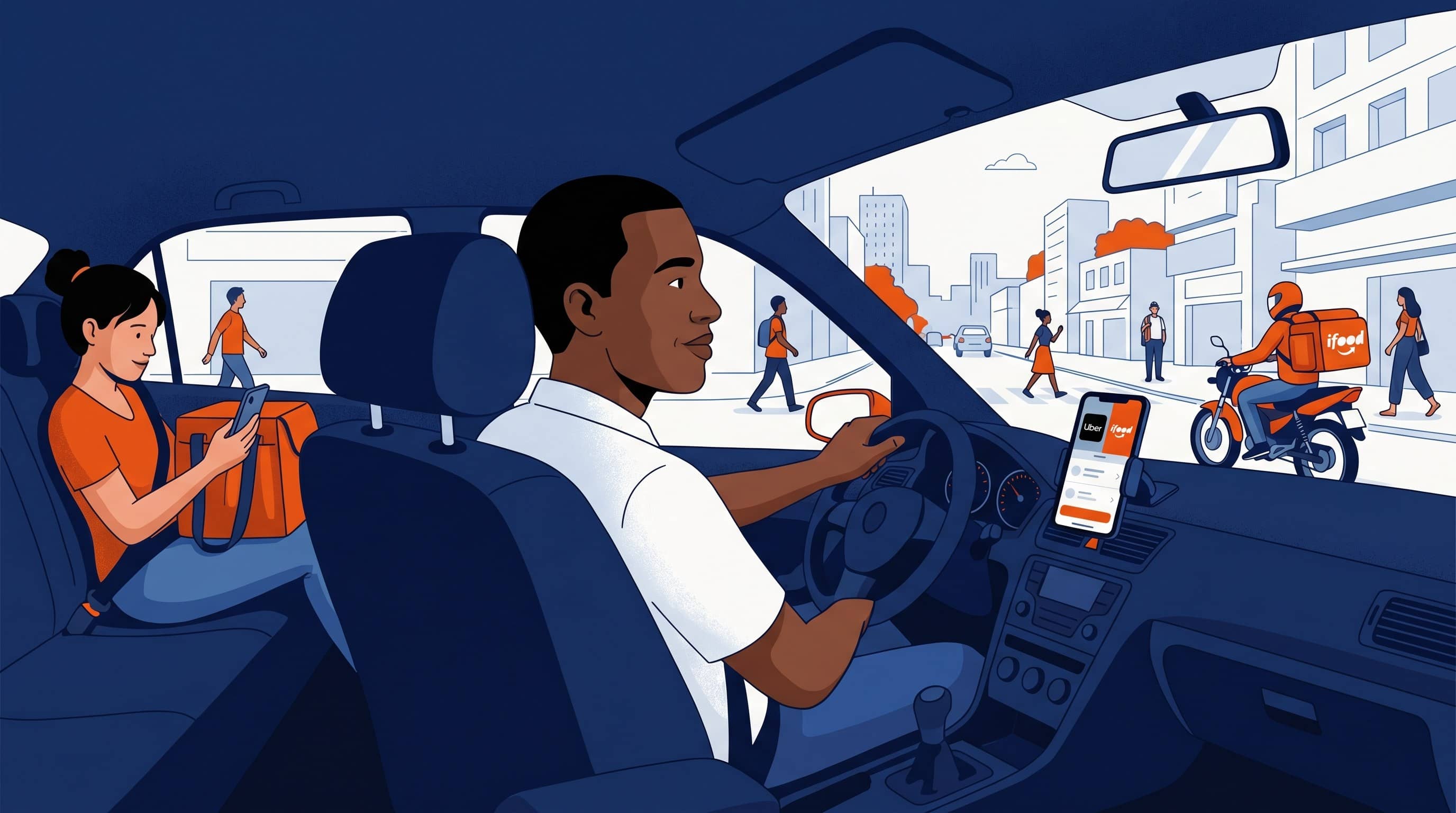 Passageira usando celular no banco traseiro enquanto motorista dirige com app iFood no painel