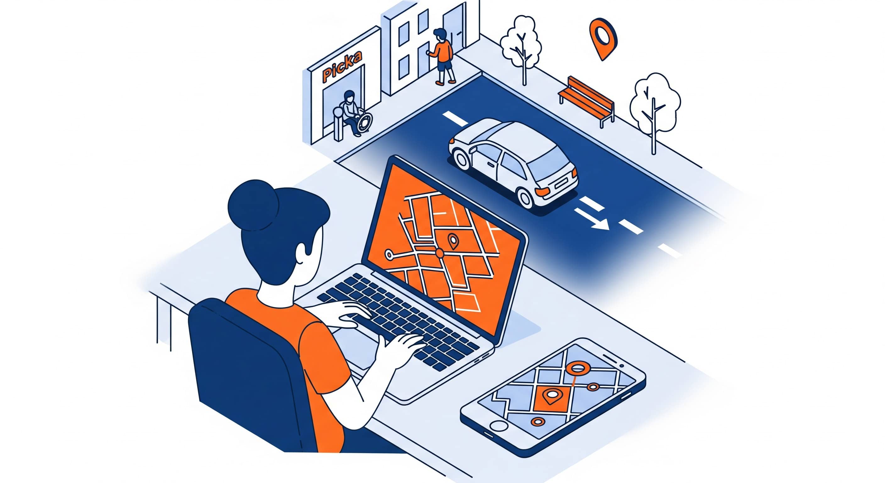 Ilustração isométrica mostra passageiro usando notebook e celular com mapas enquanto carro chega ao embarque.