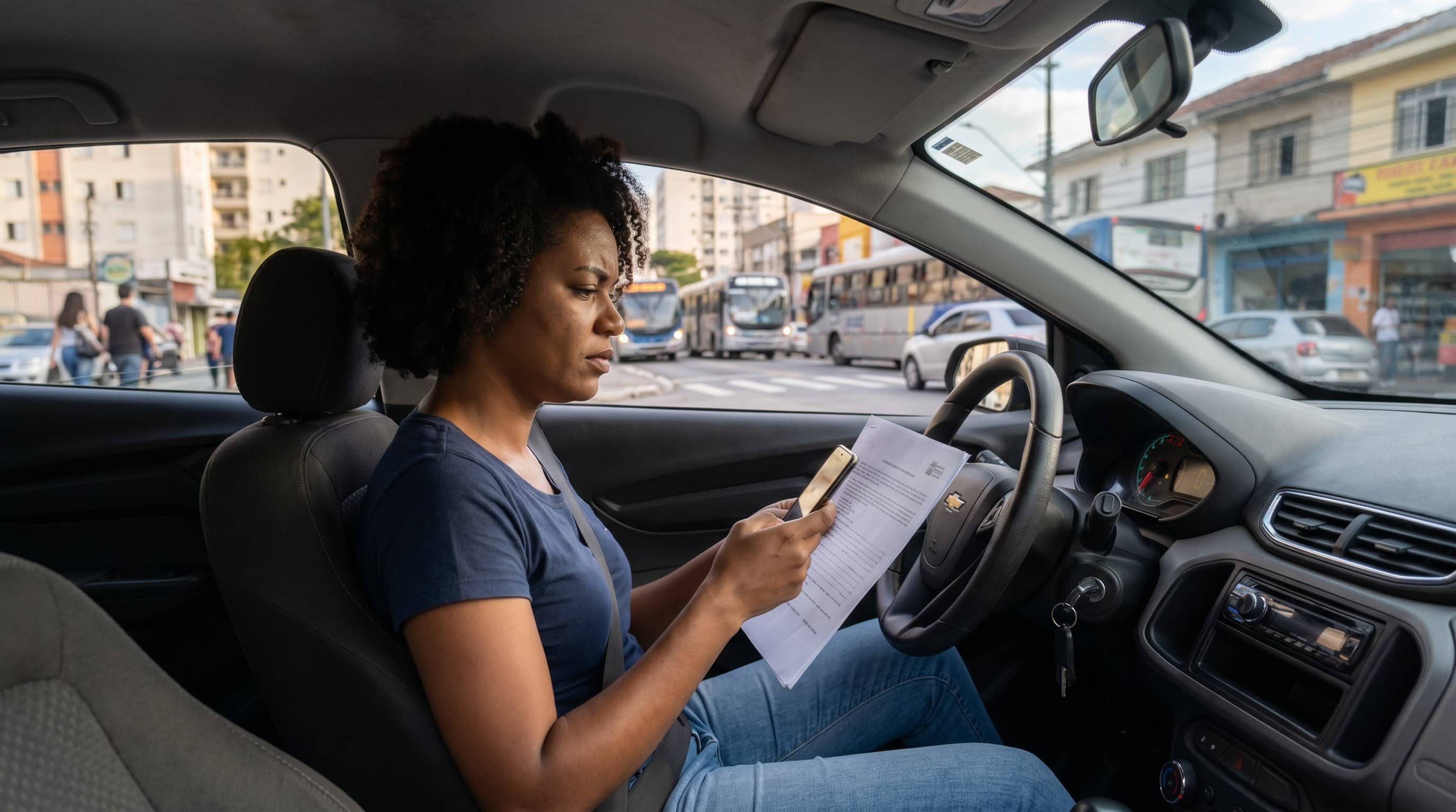 Motorista de aplicativo brasileira lendo contrato de proteção veicular dentro do carro estacionado