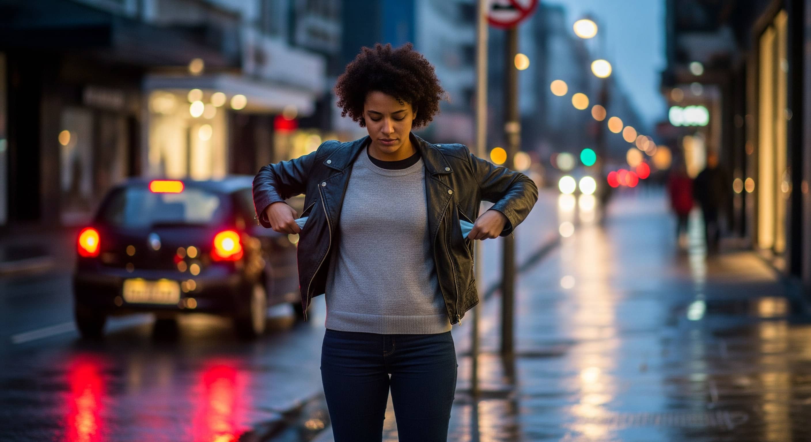 Mulher negra na calçada de rua urbana molhada ao anoitecer verifica os bolsos vazios, carro se afastando atrás.