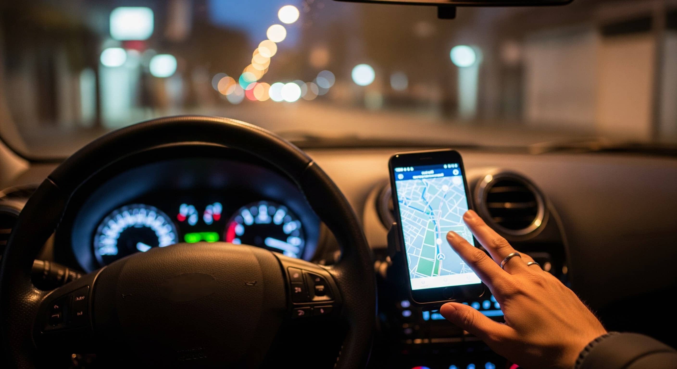 Mão segurando smartphone com mapa de navegação aberto dentro de carro à noite, volante ao fundo