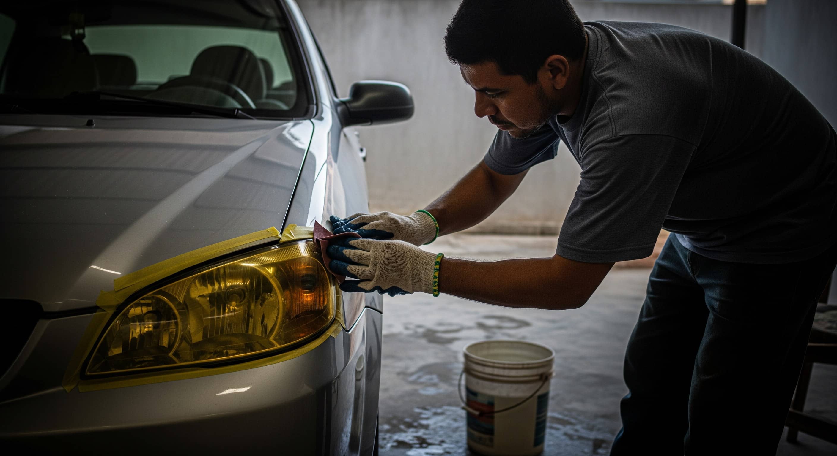 Homem de luvas lixa farol amarelado de carro prata protegido com fita crepe em garagem