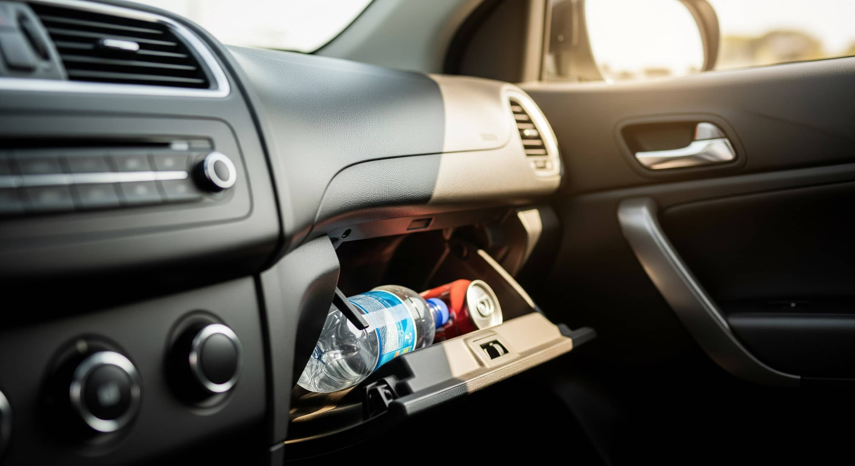 Porta-luvas aberto de um carro com garrafa de água e latinha guardadas dentro, painel ao lado