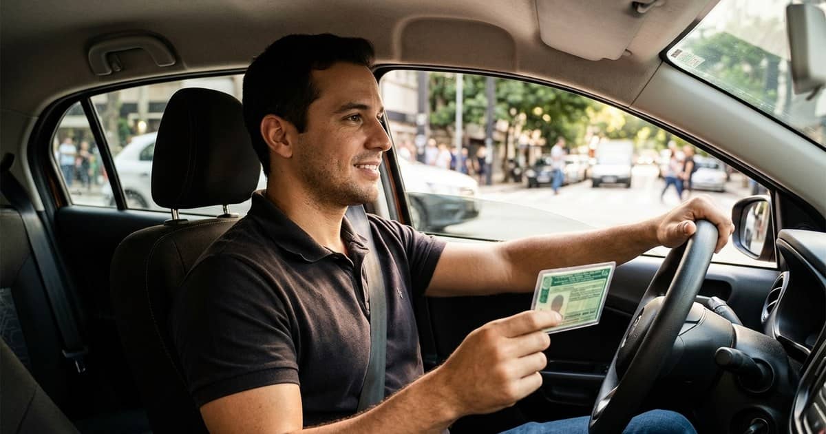 Motorista de aplicativo segurando uma CNH dentro do carro, com a rua ao fundo.