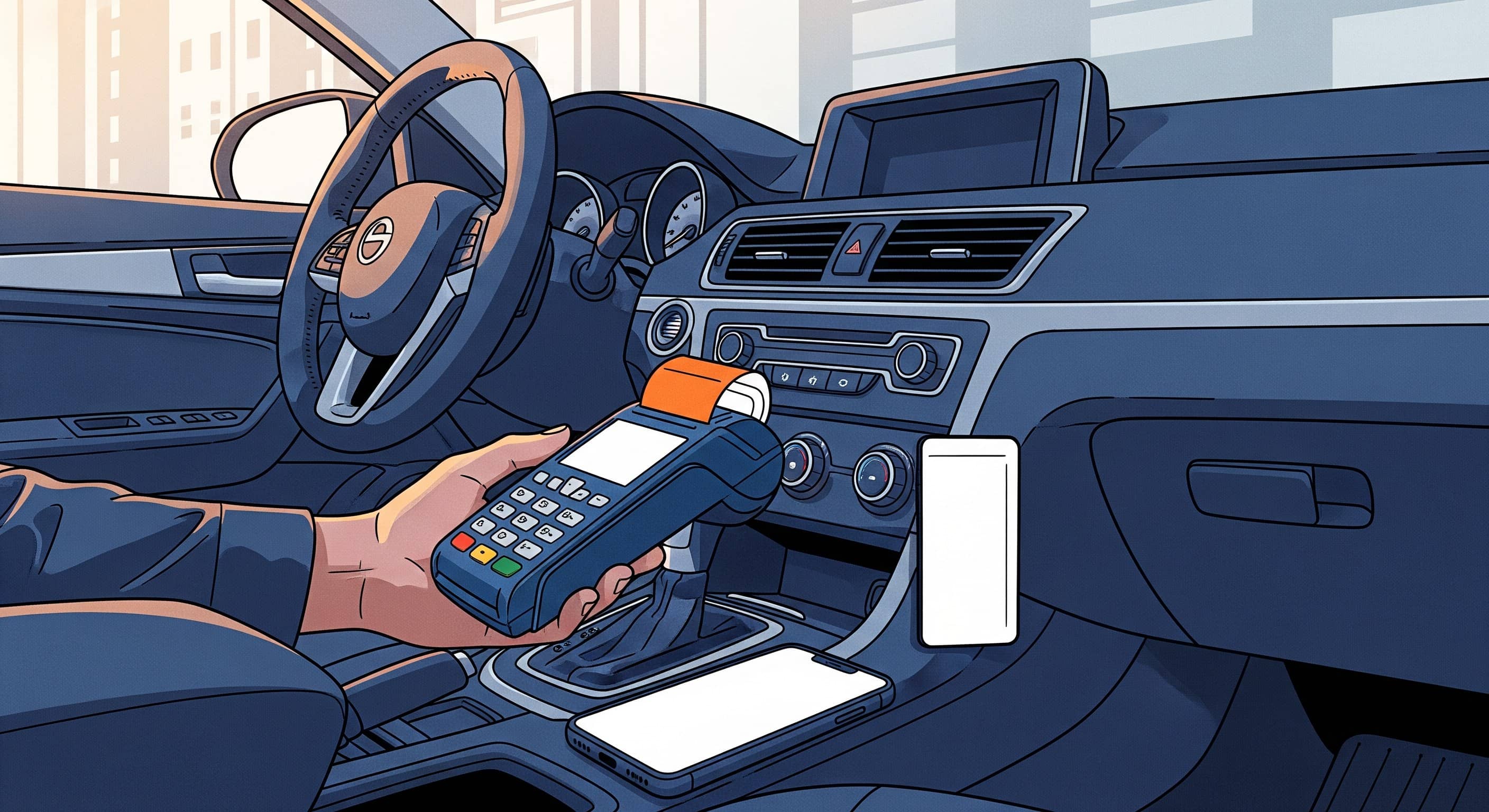 Mão segura maquininha de cartão diante do painel e de celulares no carro.
