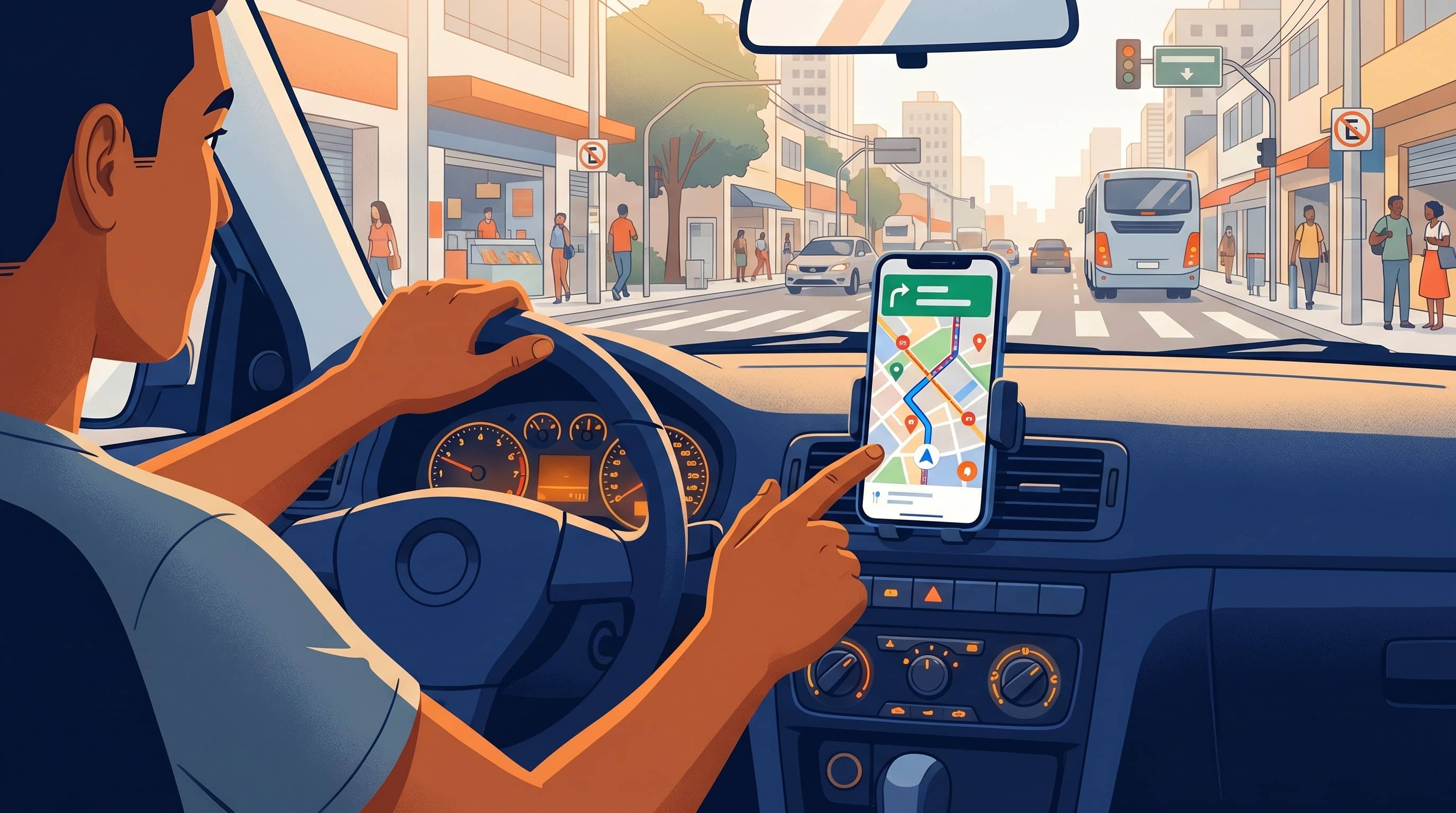 Motorista ao volante com celular no suporte da saída de ar mostrando aplicativo de navegação em avenida brasileira