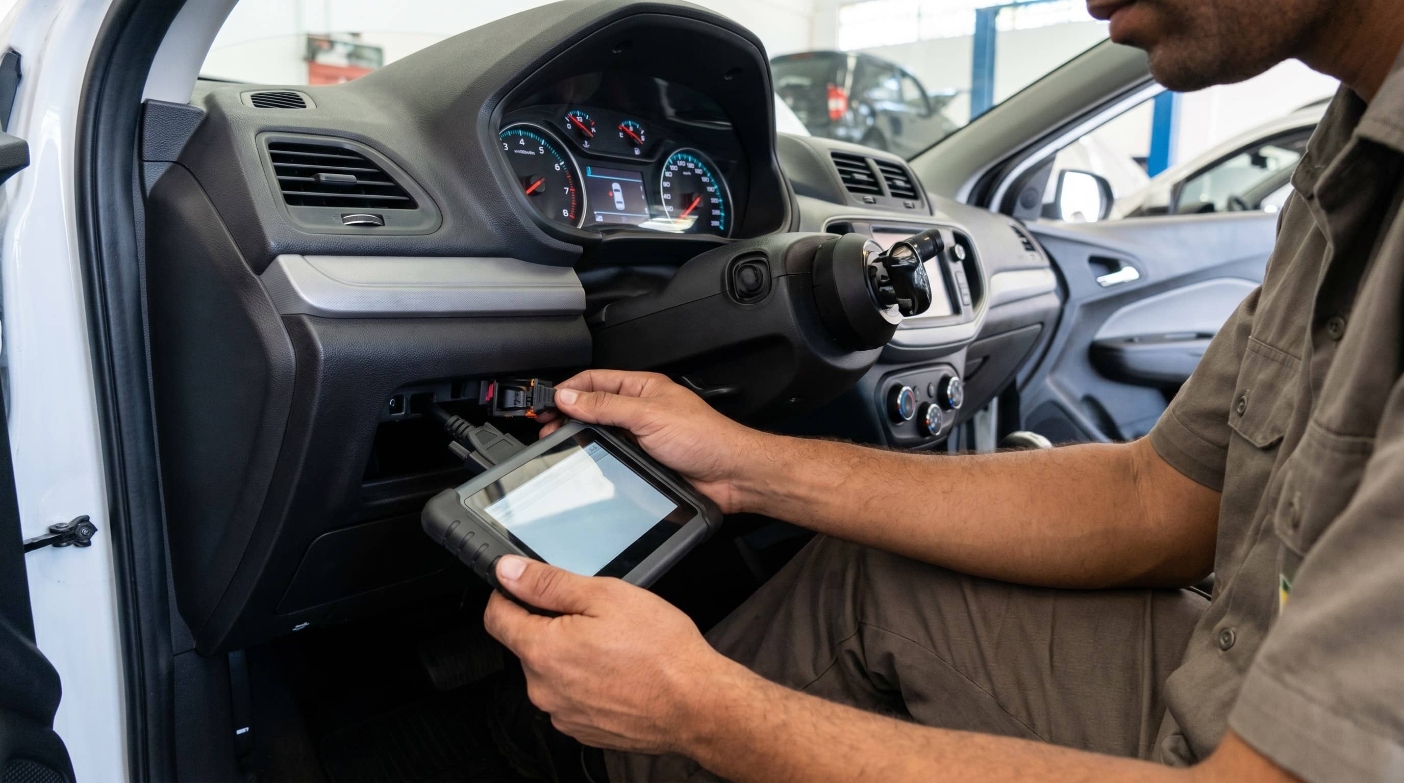 Técnico segurando scanner automotivo conectado ao painel de um carro usado em oficina, com hodômetro à vista