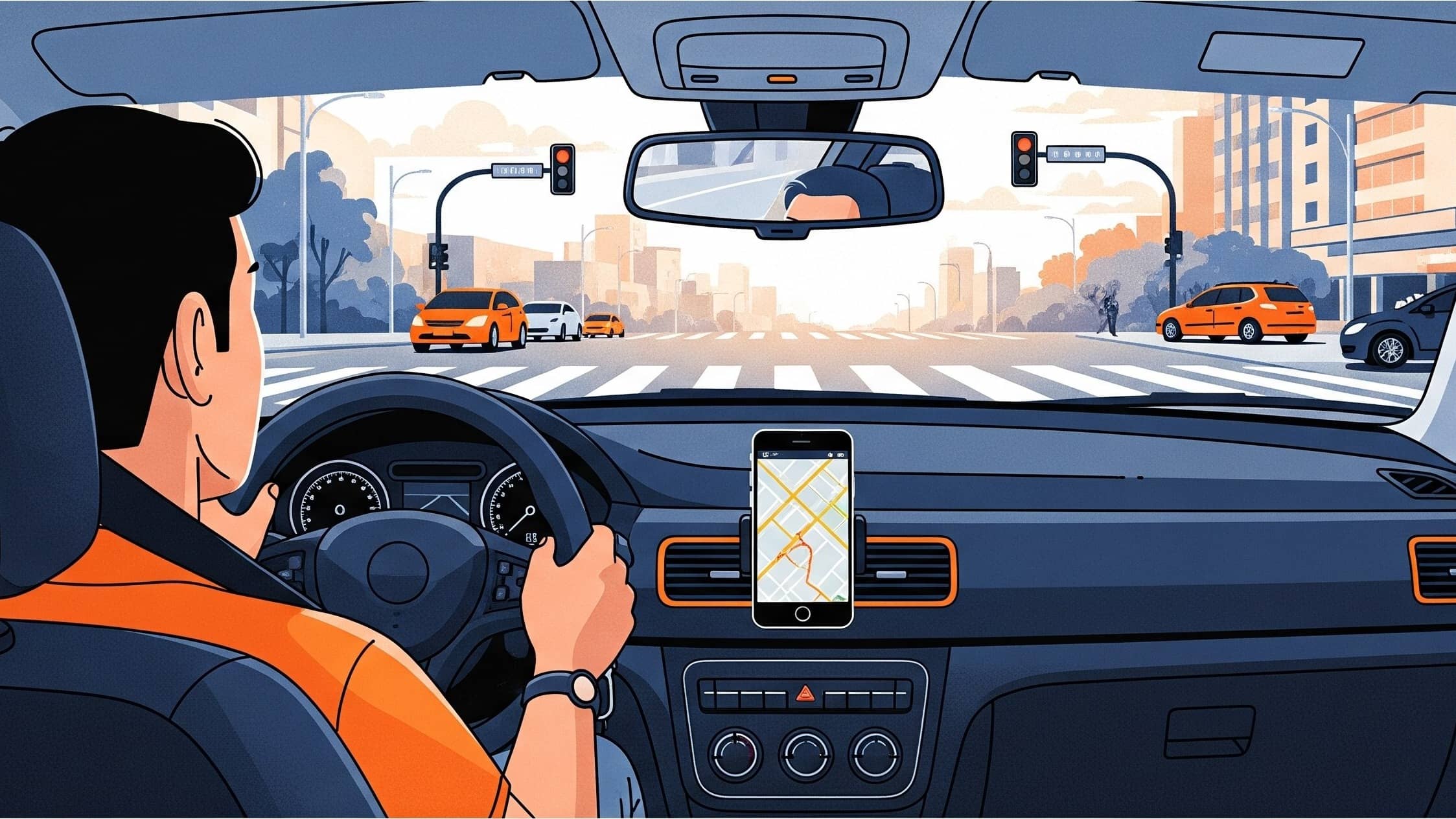 Motorista com as mãos no volante diante de semáforo vermelho, celular com mapa fixado no suporte do painel