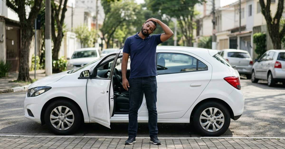 Motorista de aplicativo de pé na calçada ao lado do carro branco alongando o pescoço durante pausa