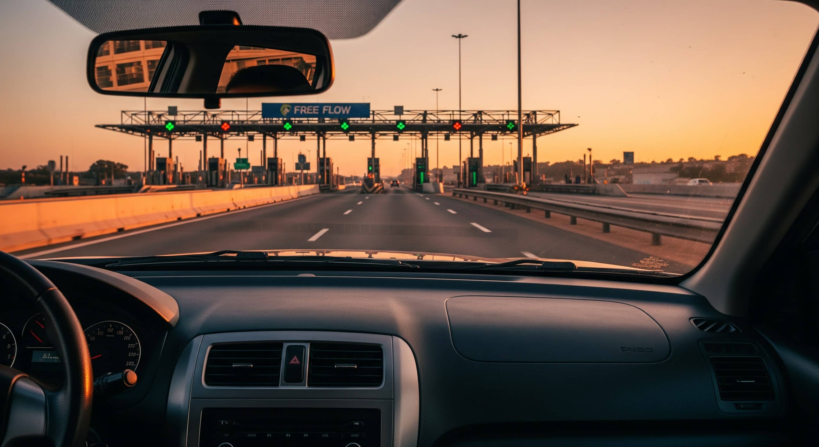 Vista do painel de um carro se aproximando de um pedágio Free Flow ao entardecer