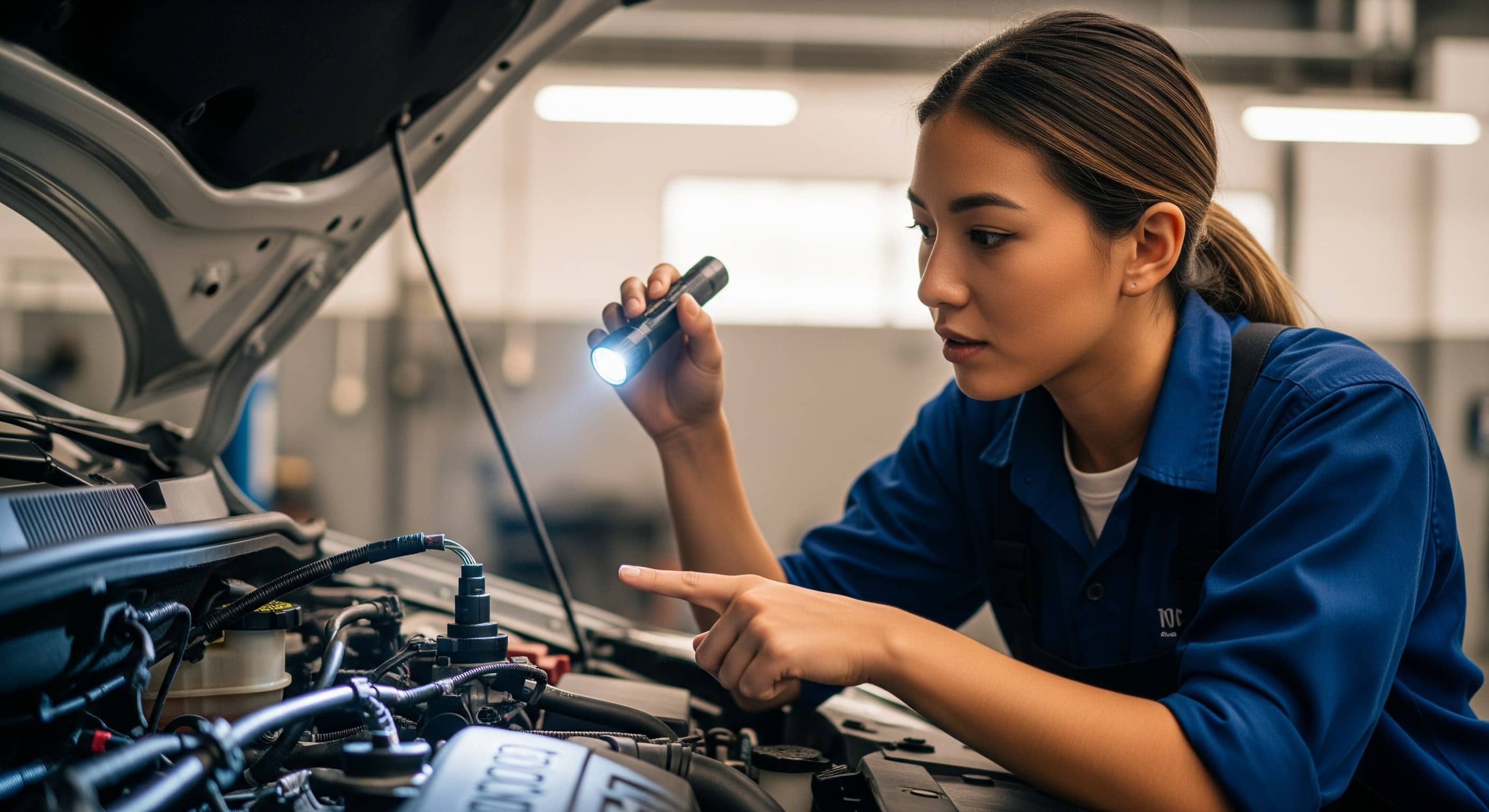 Mecânica em macacão azul aponta lanterna para componente no motor aberto de um carro