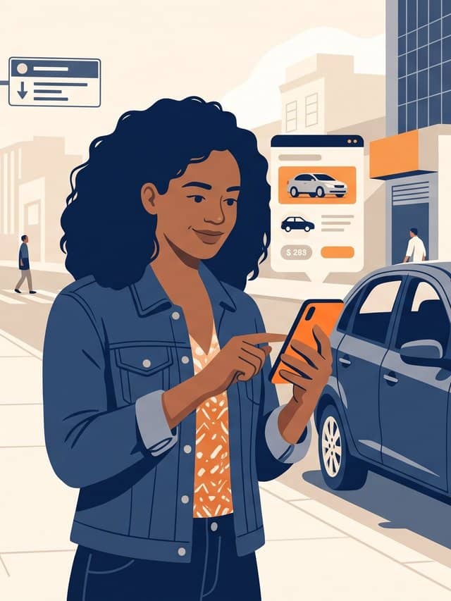 Passageira consulta o aplicativo de corrida no celular na calçada enquanto o carro chega ao meio-fio