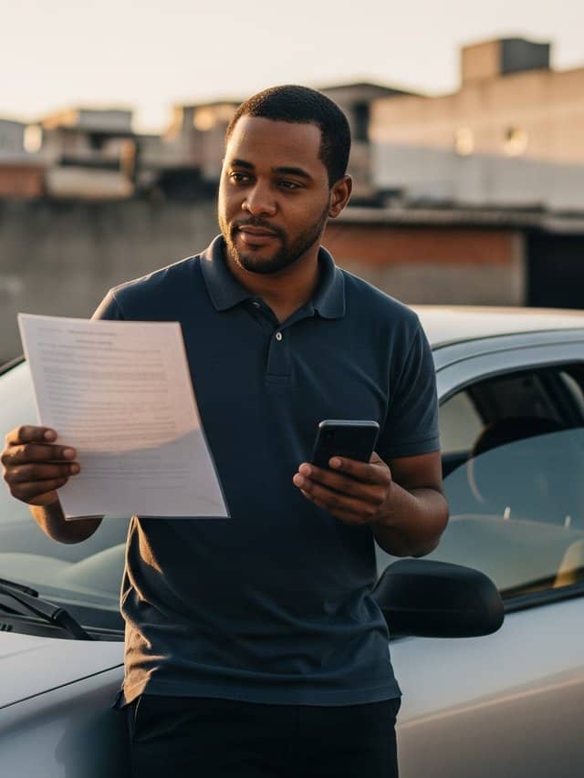 Motorista com documento e celular ao lado de carro prata em estacionamento.