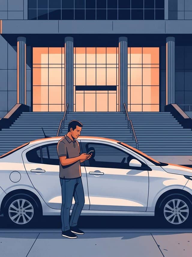 Motorista de aplicativo em pé ao lado do carro branco olha o celular diante de um prédio público
