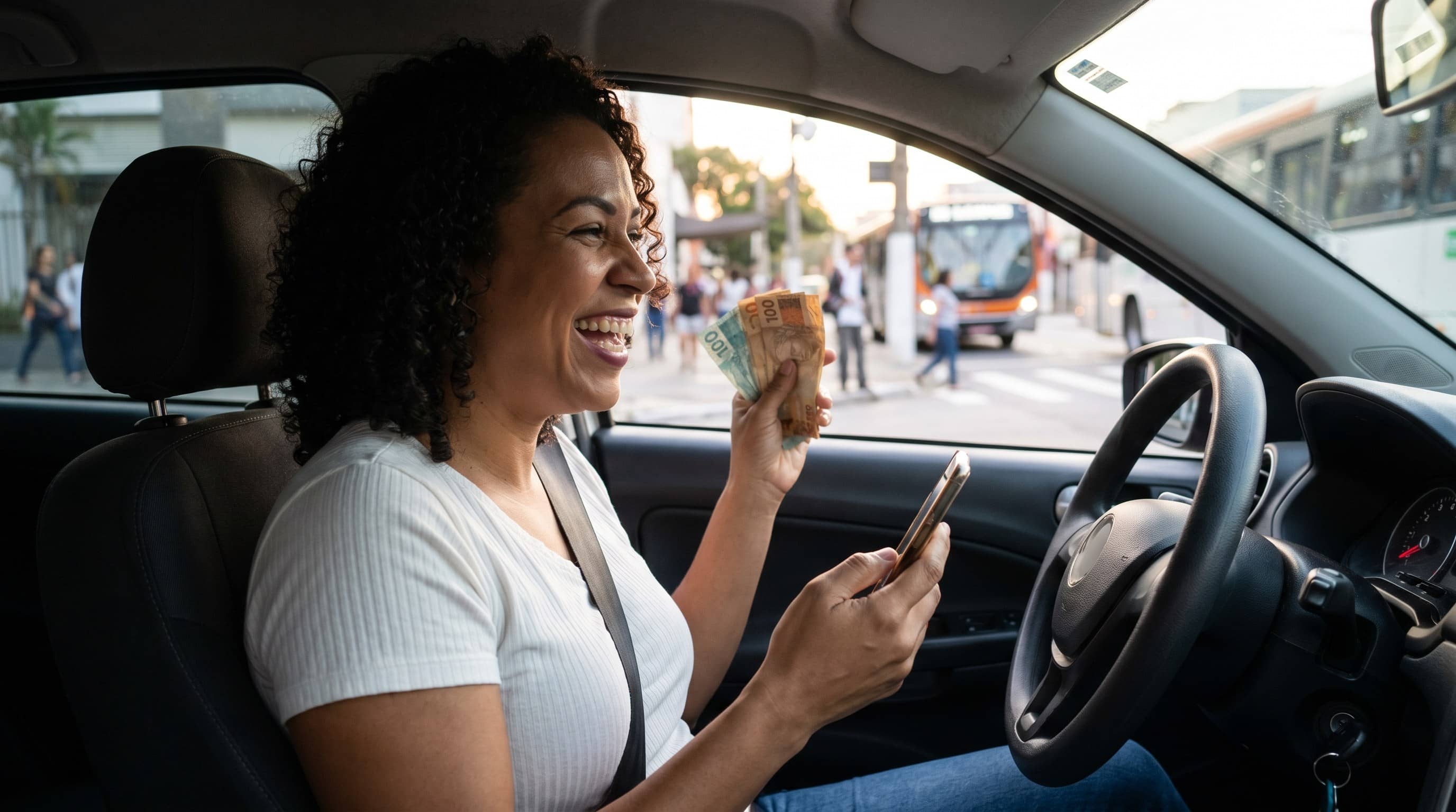 Motorista sorri dentro do carro segurando notas de cem reais e celular, com rua e ônibus ao fundo