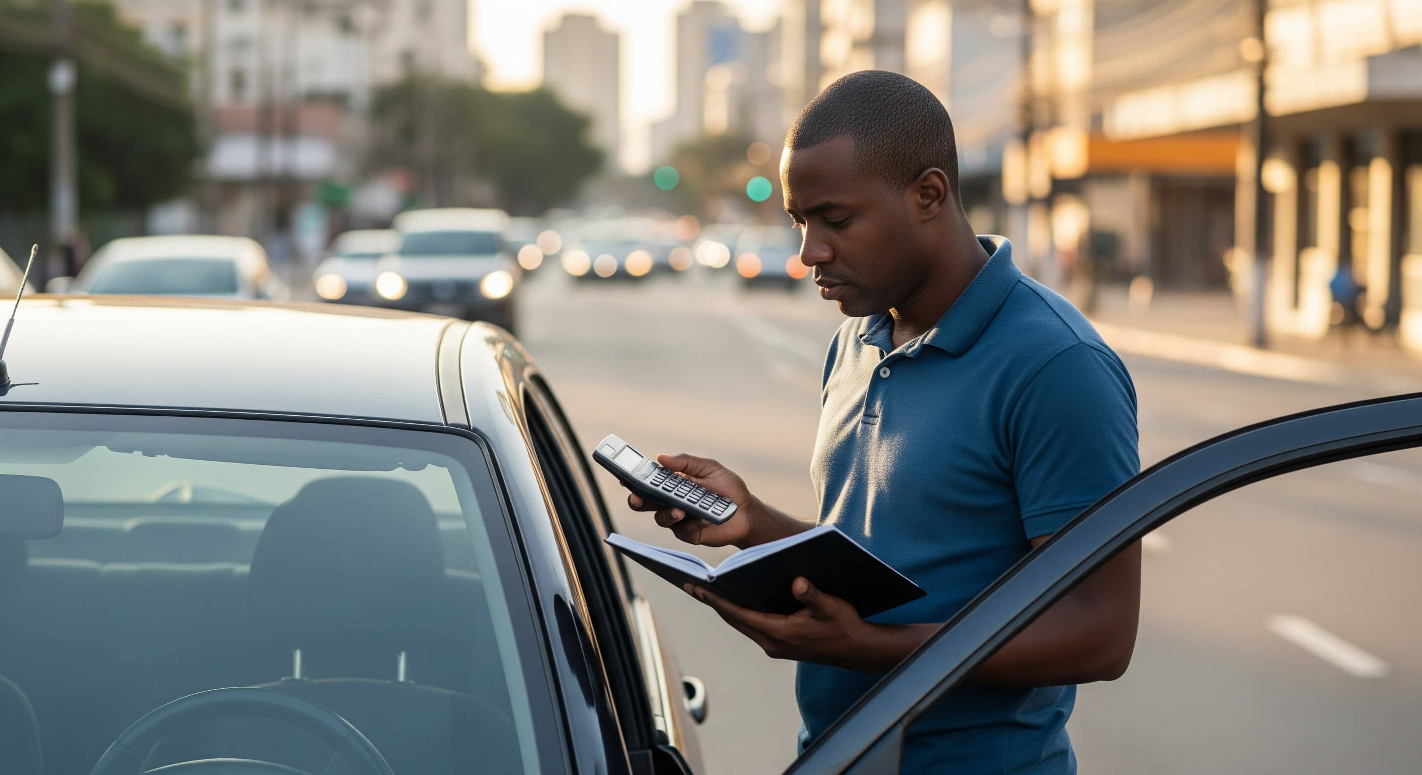 Motorista ao lado do carro conferindo calculadora e caderno em avenida urbana