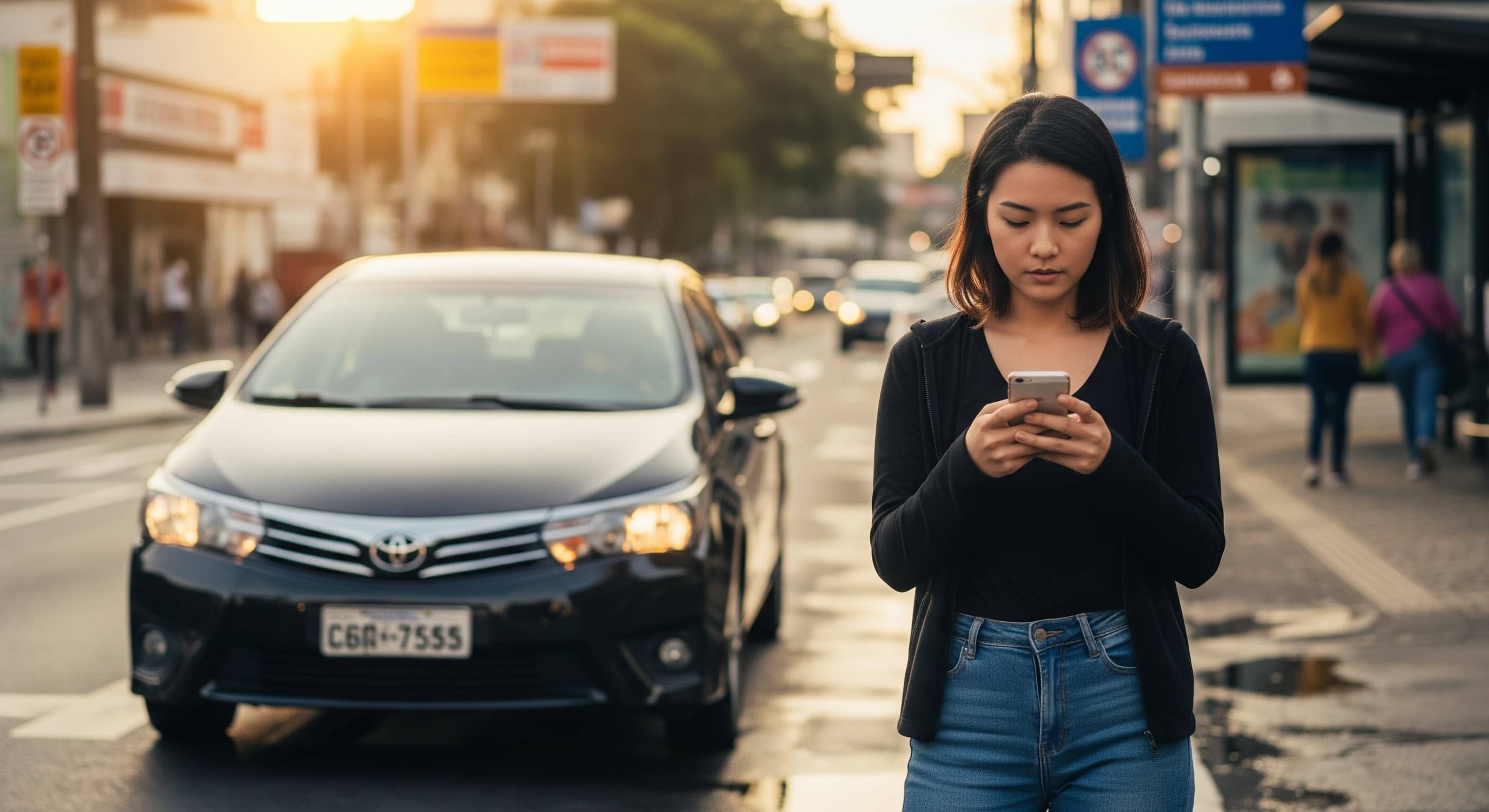 Mulher jovem com celular na calçada de rua urbana ao entardecer com sedã preto ao fundo