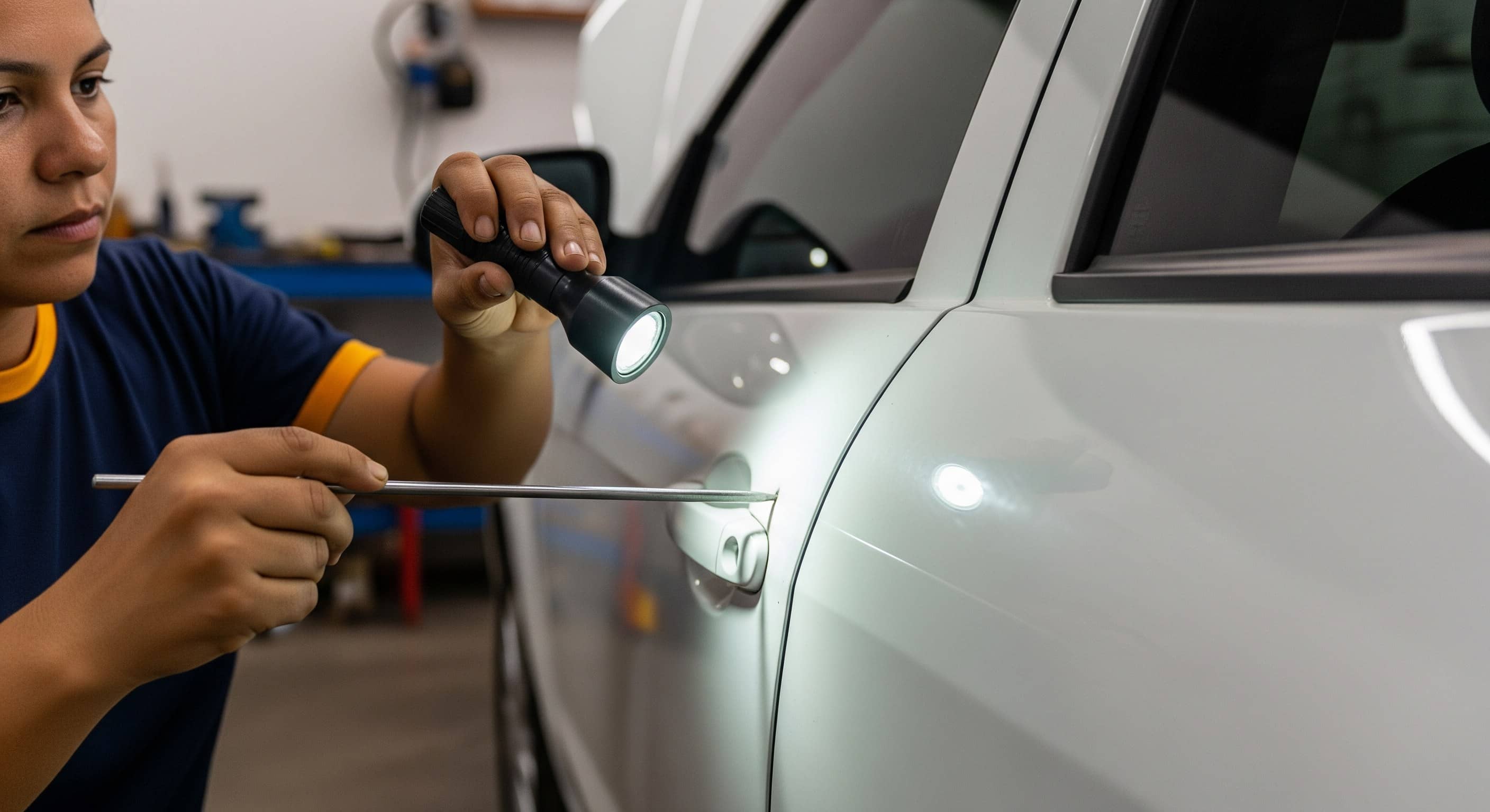 Profissional usa lanterna e haste de aço para ler o reflexo da lataria e localizar amassado na porta do carro