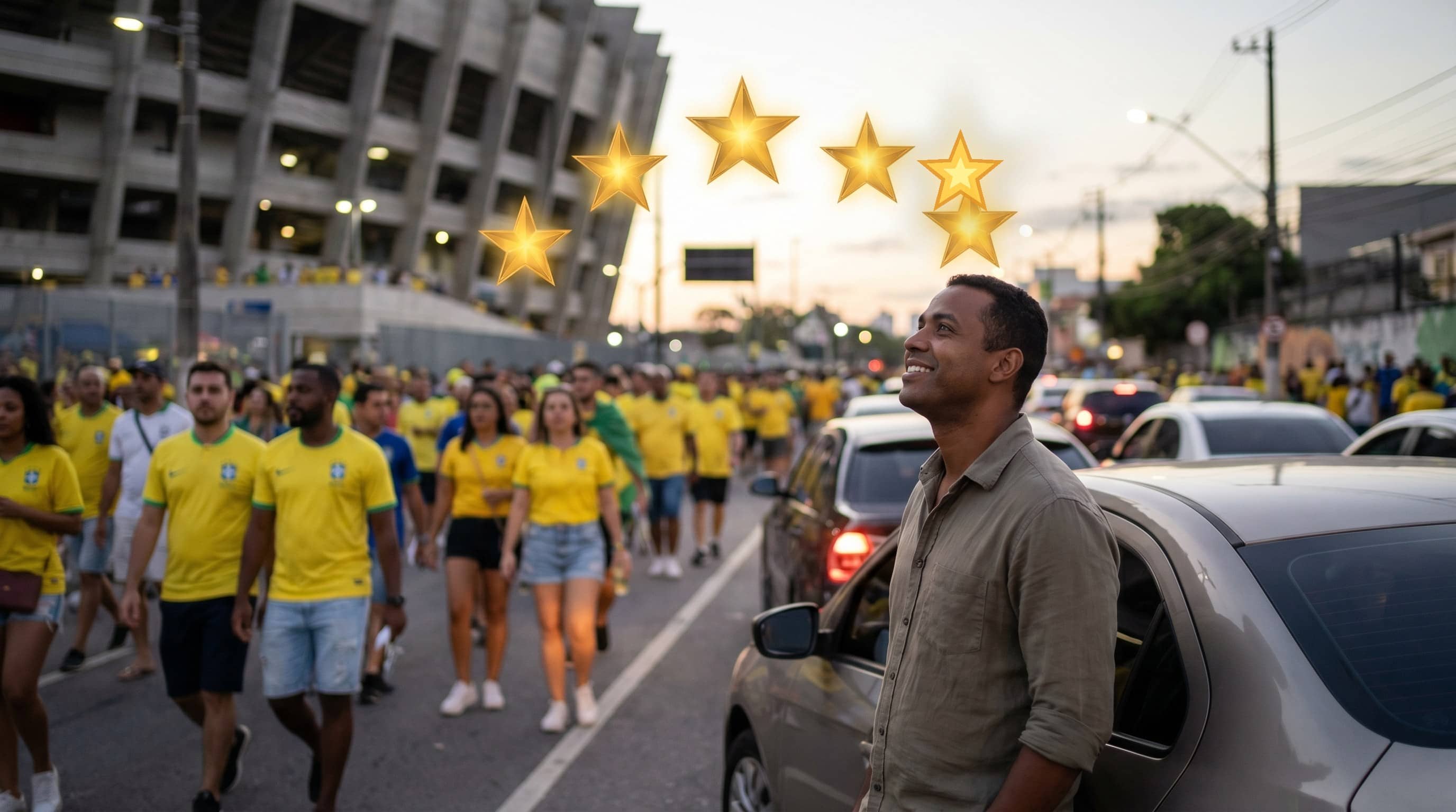 Motorista ao lado do carro com torcedores brasileiros e seis estrelas douradas