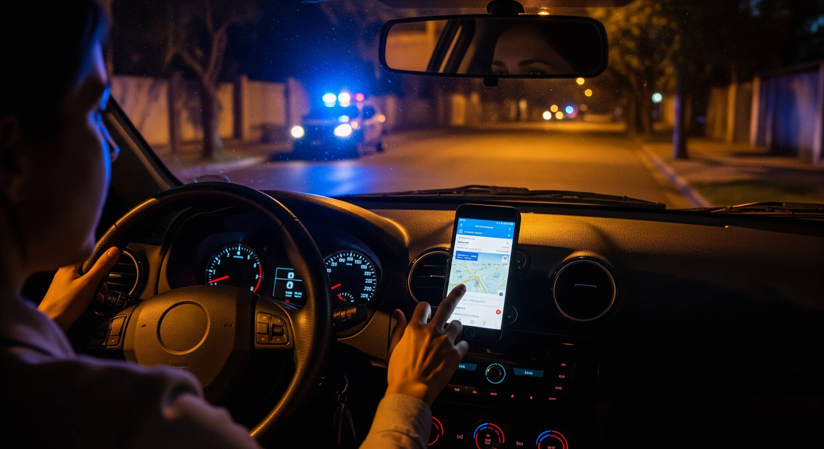 Motorista toca no celular preso ao painel à noite, com viatura de luzes azuis à frente