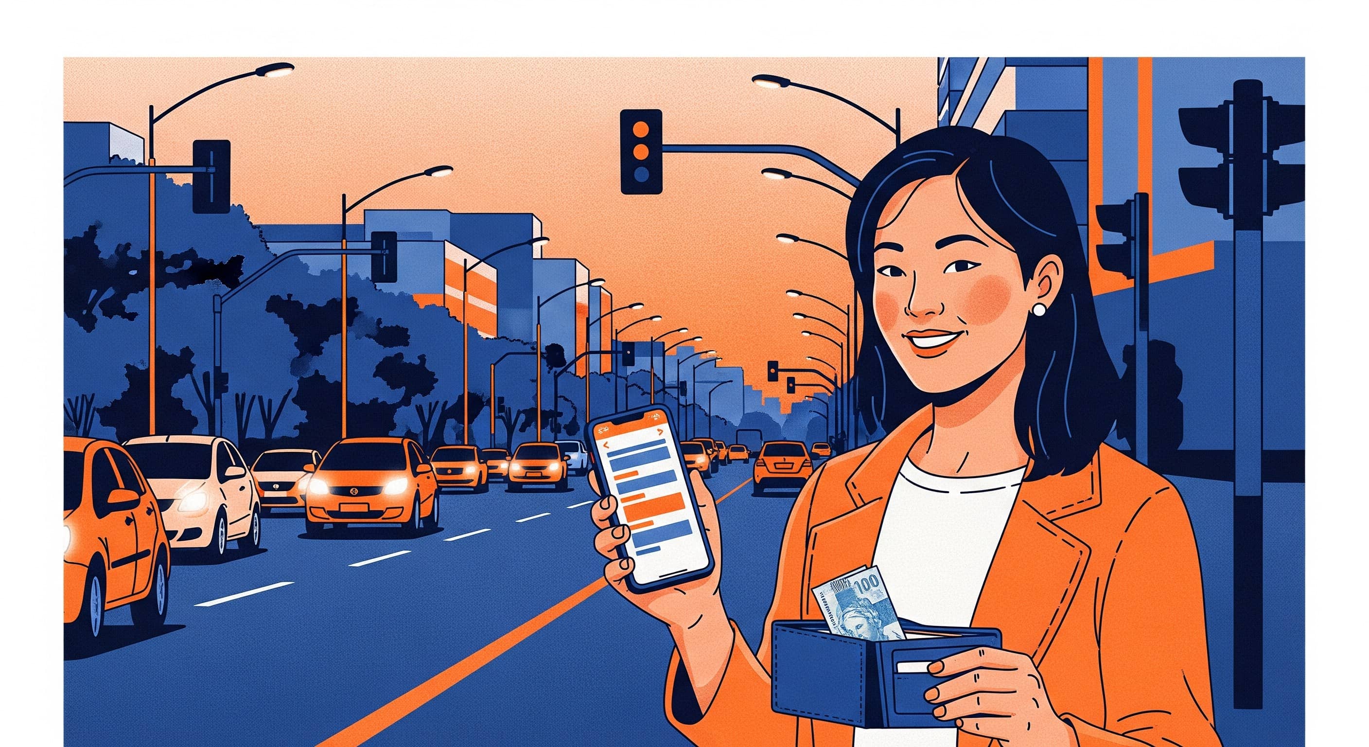 Passageira sorridente na calçada de avenida ao entardecer, celular numa mão e carteira com nota na outra