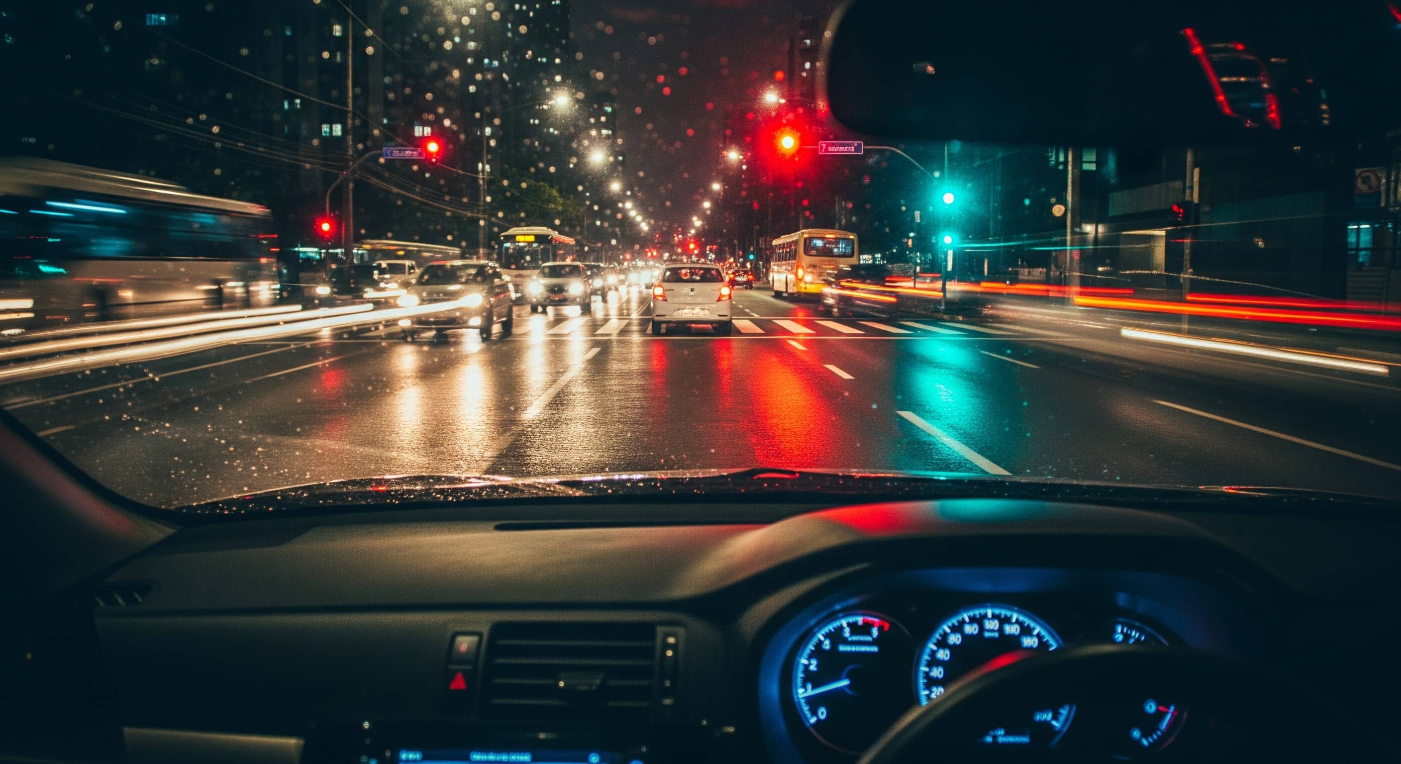 Para-brisa de carro em avenida chuvosa à noite, com trânsito e semáforos refletidos no asfalto