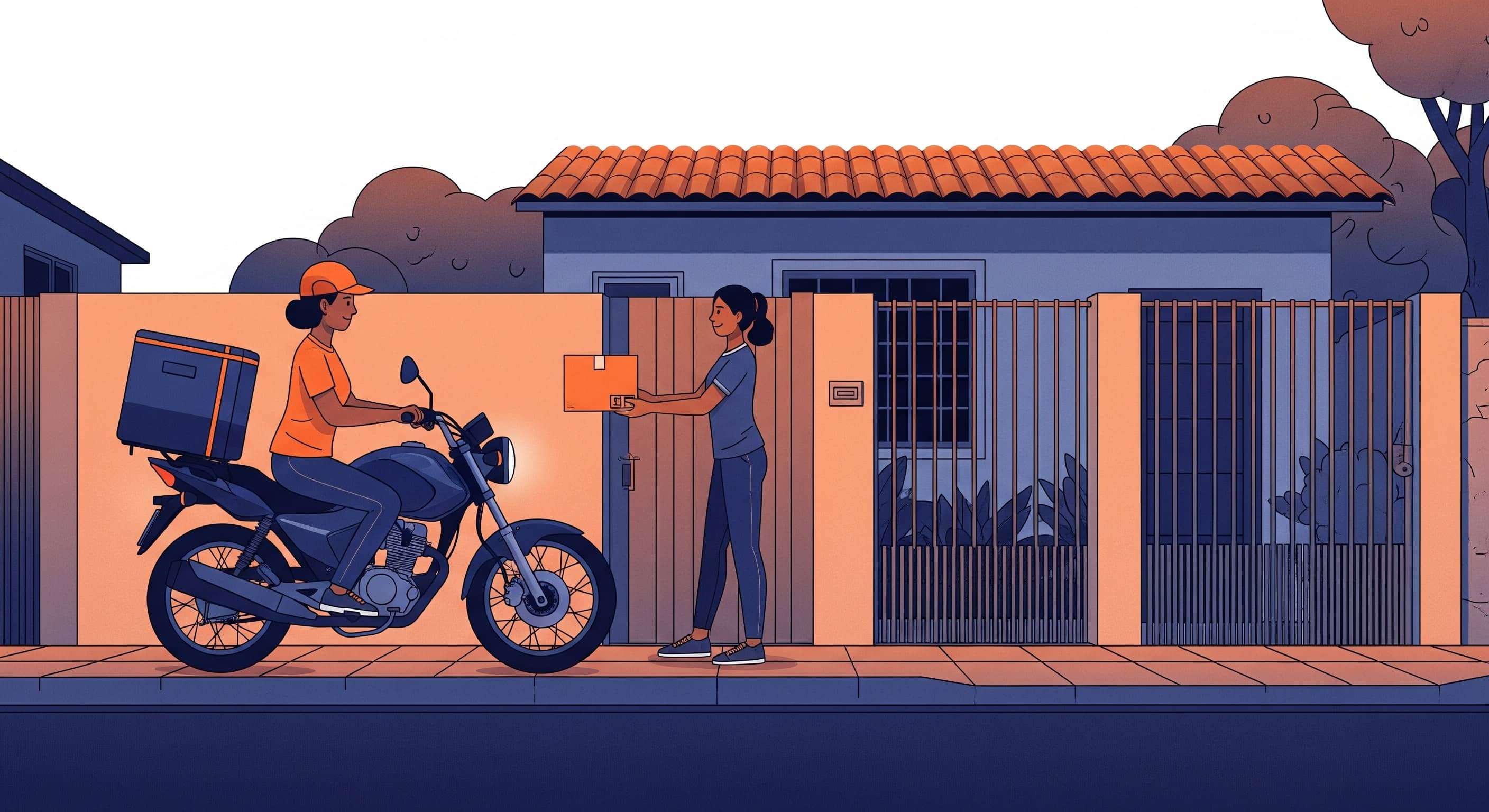 Entregadora de moto com baú entrega uma caixa a uma moradora no portão de uma casa